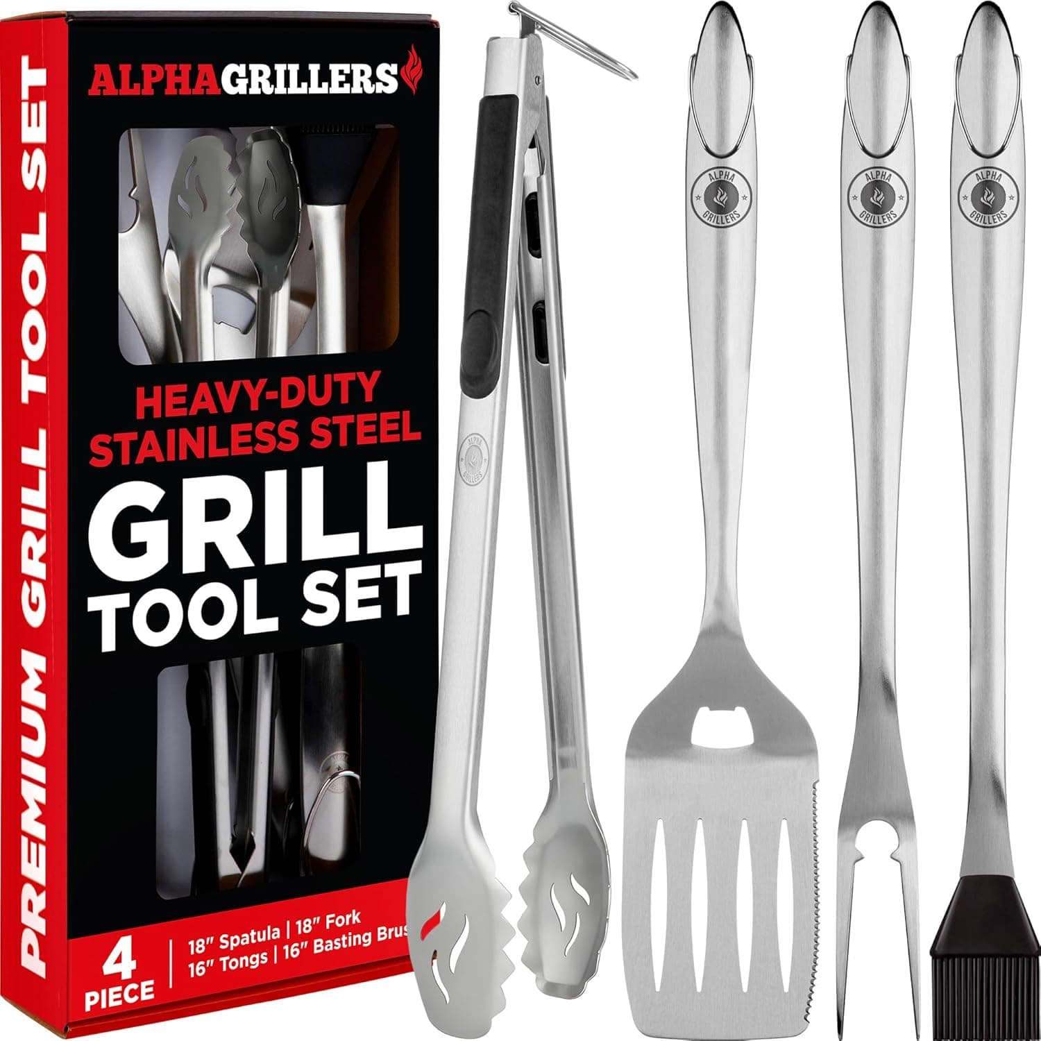 Alpha Grillers Grill Tools Set - Stainless Steel Spatula, Fork, Brush & Tongs