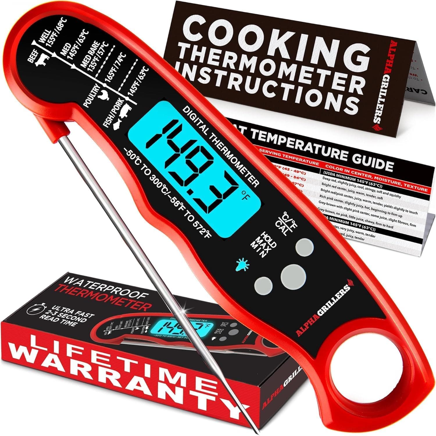 Alpha Grillers Instant Read Meat Thermometer Digital 1-2 Sec Waterproof IP67