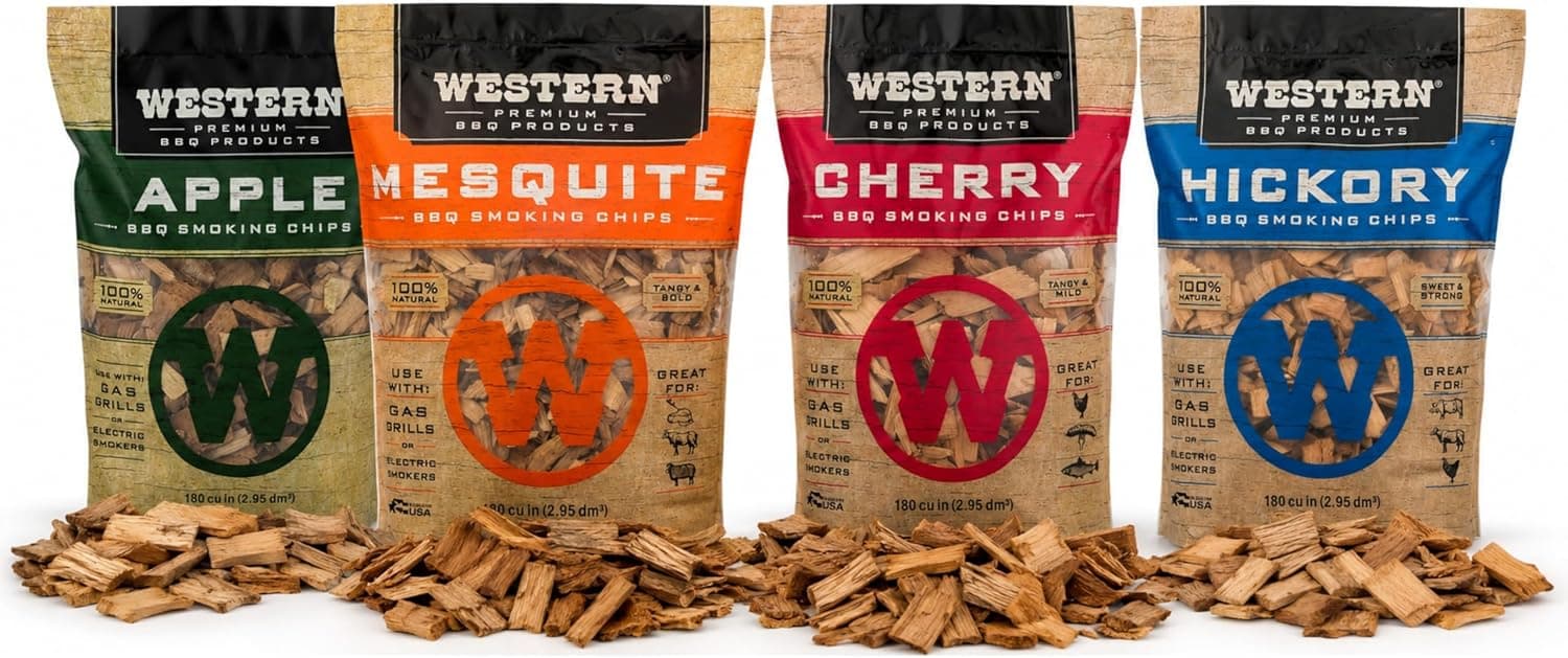Western BBQ Smoking Wood Chips Variety Pack Bundle (4) Apple Mesquite Hickory Cherry