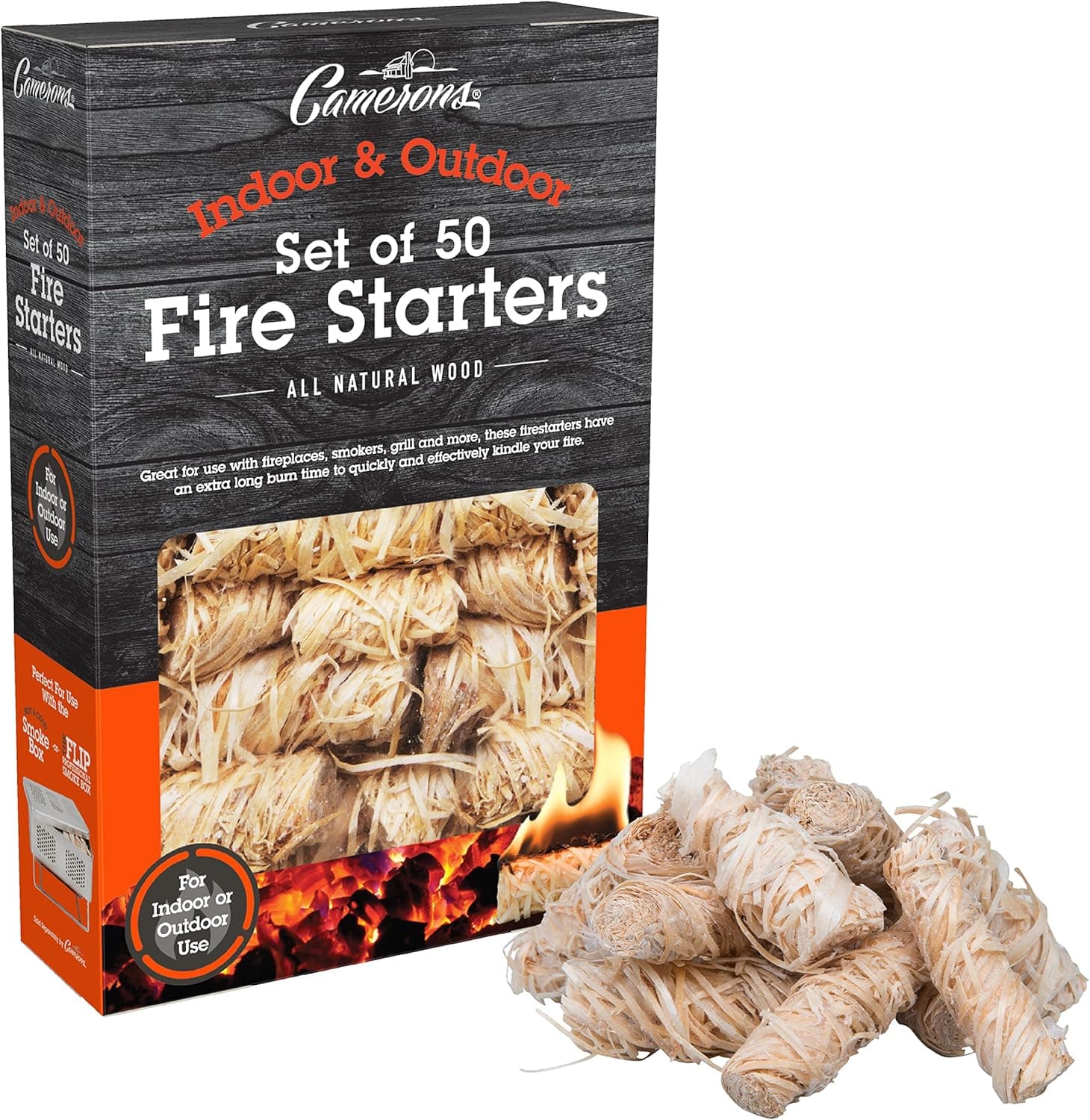 Camerons All Natural Fire Starters (50 Pack) Hardwood Firelighters for BBQ Charcoal Grill, Fire Pit
