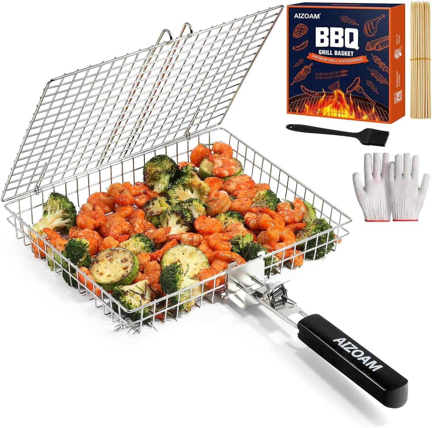 AIZOAM Grill Basket - Stainless Steel Large Grilling Basket w/ Removable Handle