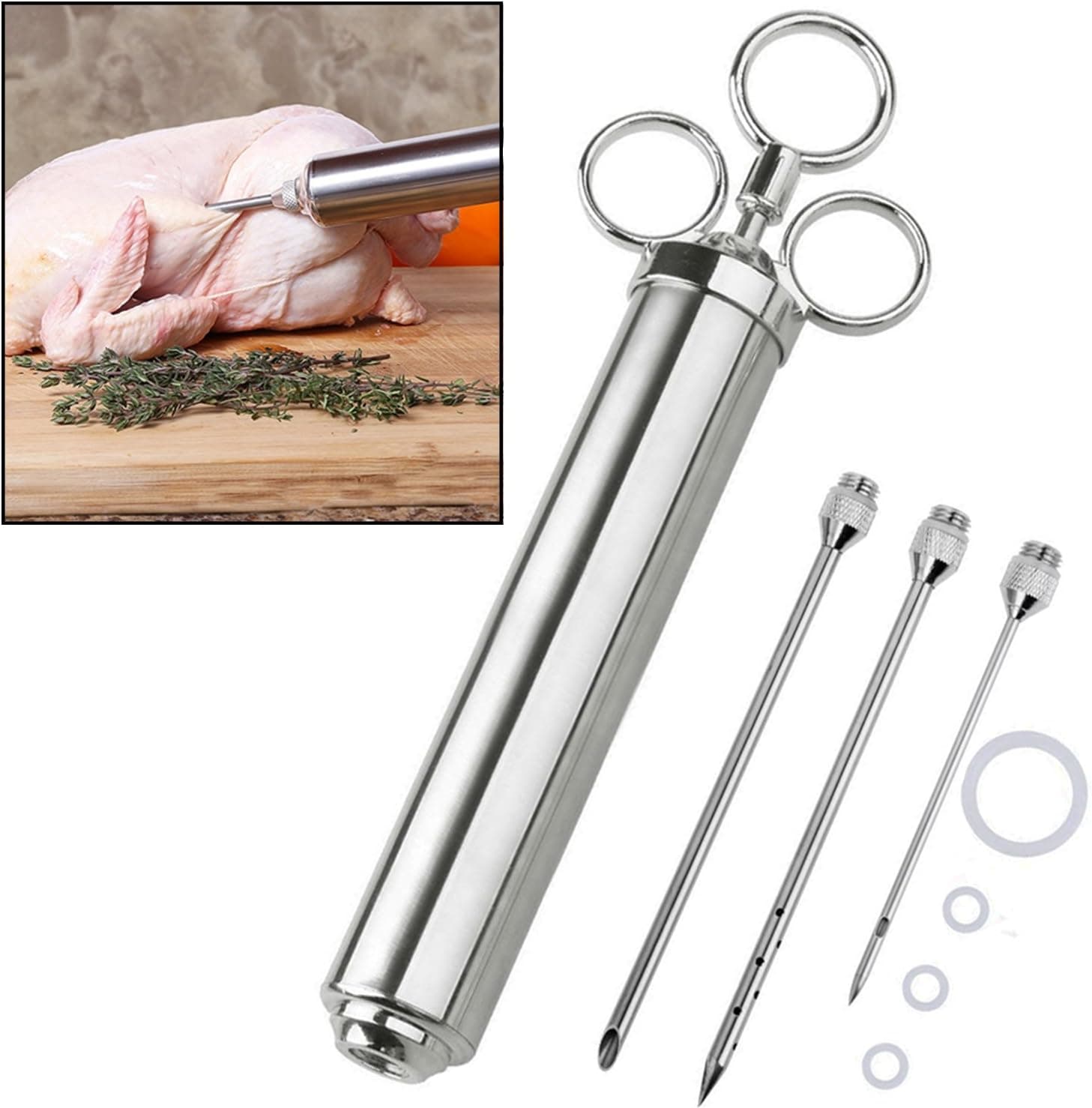 4 oz Stainless Steel Commercial Grade Meat Marinade Injector Kit w/ 3 Needles