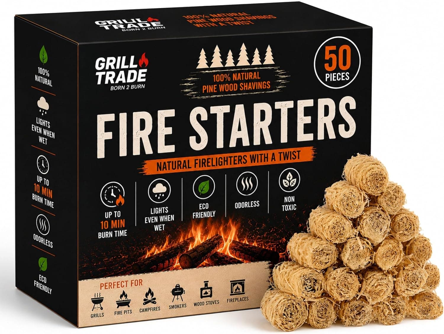 Grill Trade Fire Starters 50 Pieces Pine Wood Shavings, Food-Grade Wax, Weatherproof Odorless