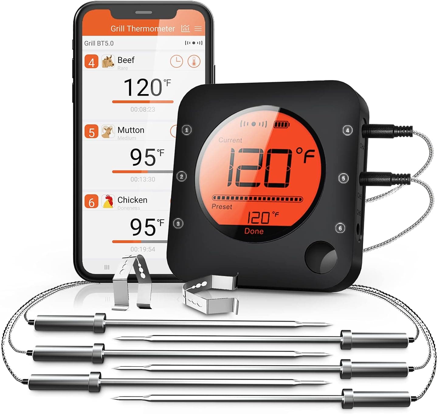 BFOUR Bluetooth Wireless Meat Thermometer with 6 Temperature Probes Large LCD