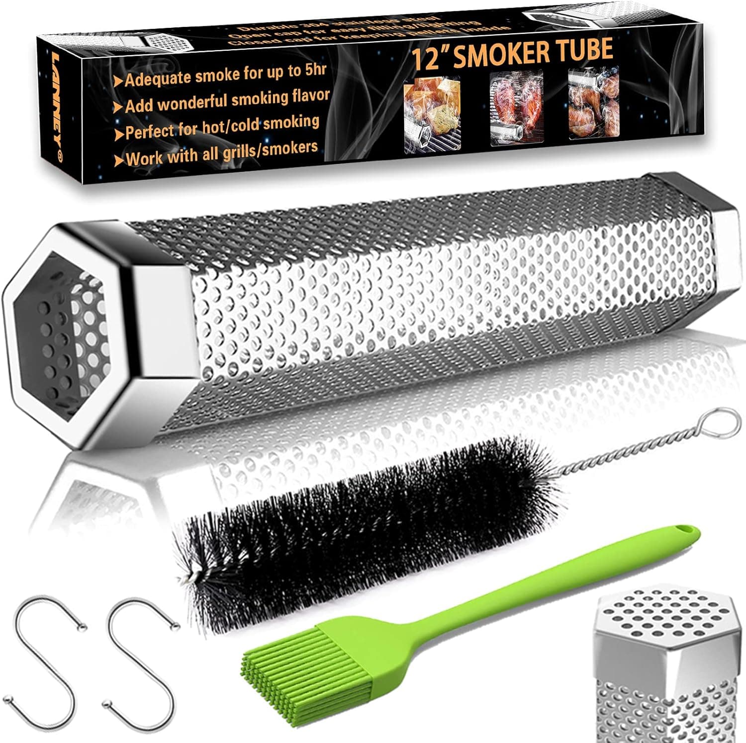 Smoke Tube for Pellet Smoker, 12'' Stainless Steel, Bonus Brush