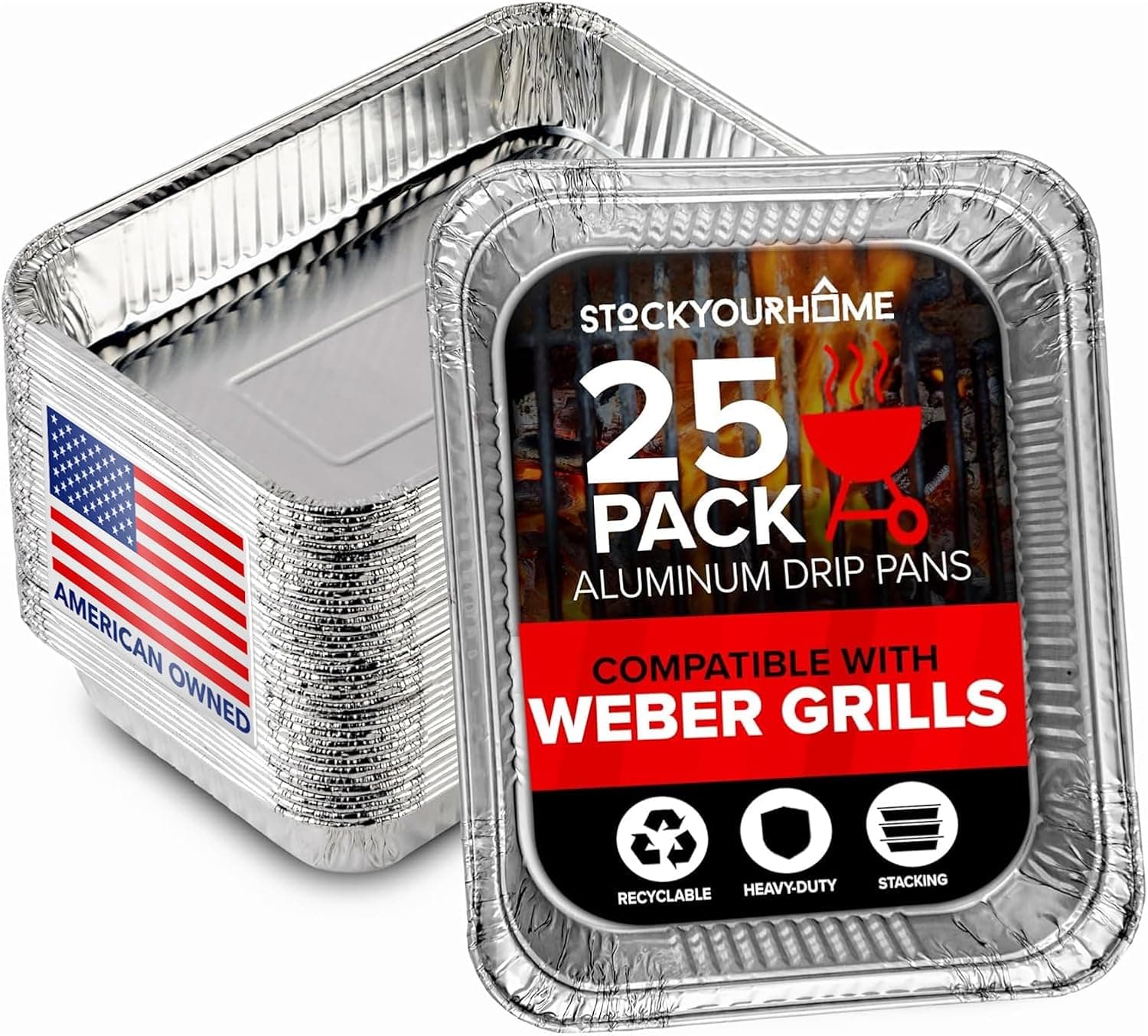 Stock Your Home 2in Aluminum Drip Pan (25 Count), Weber Compatible Foil Liner