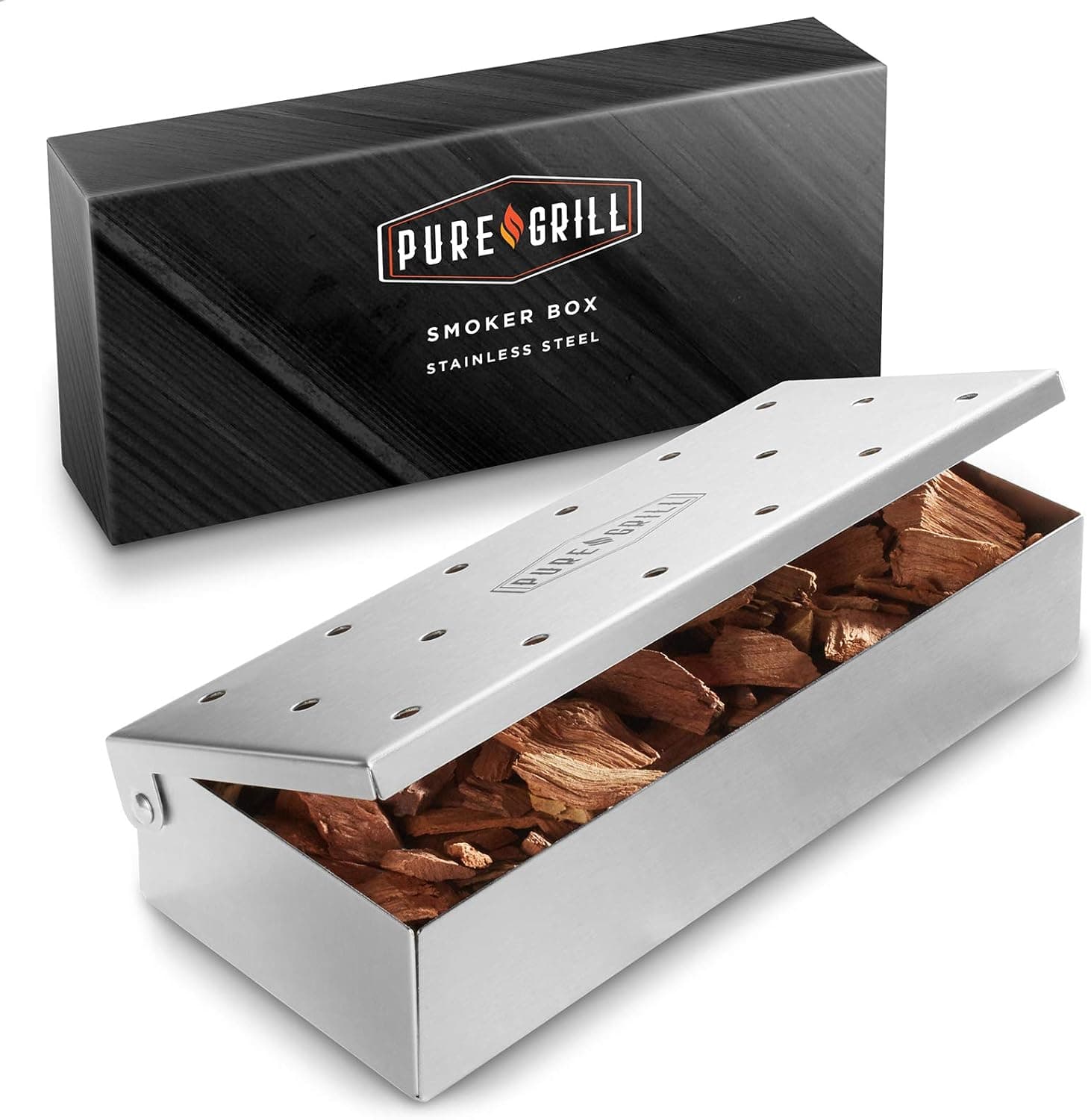 Pure Grill BBQ Smoker Box, Heavy Duty Stainless Steel, Hinged Lid
