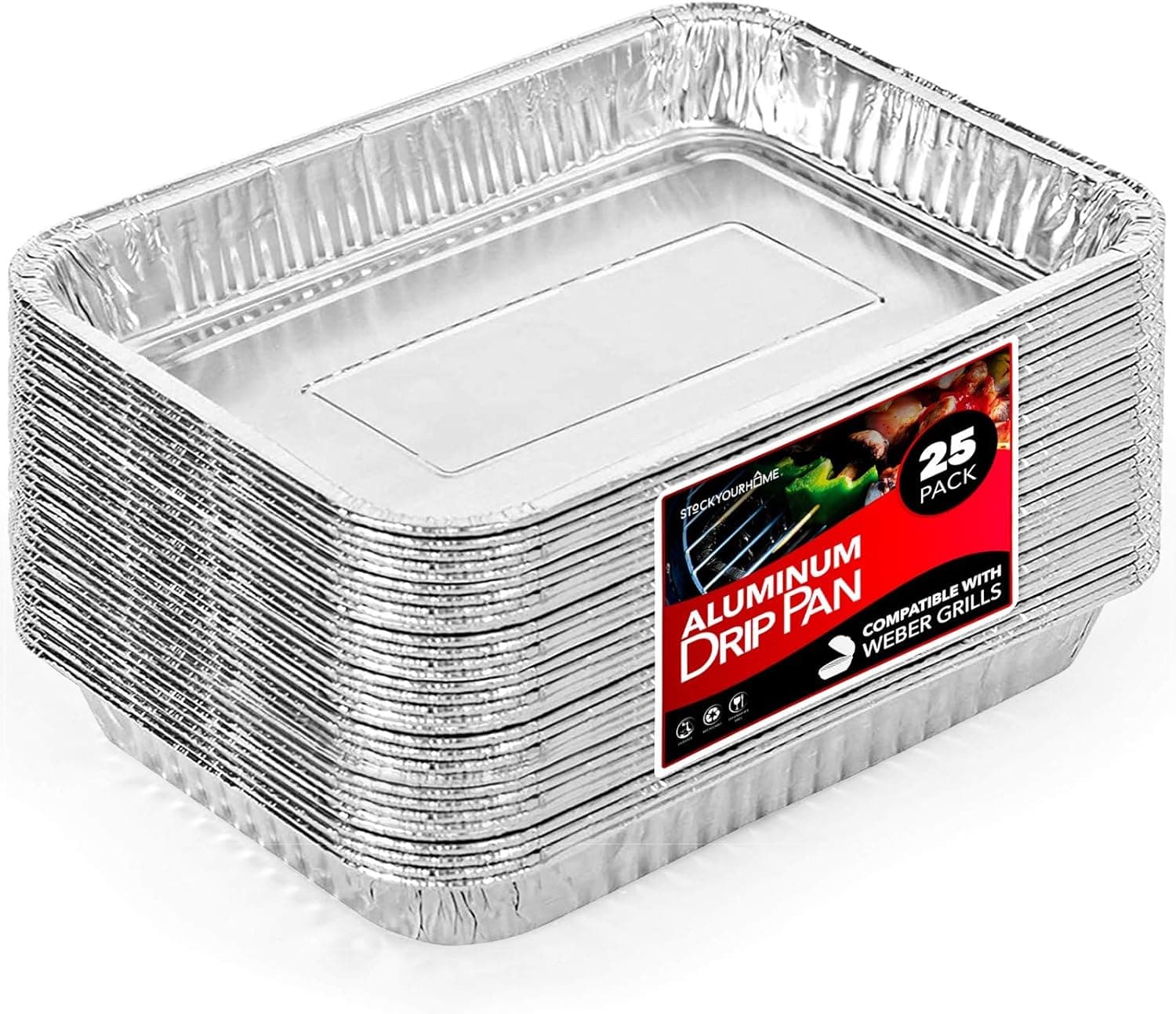 Stock Your Home 1.25in Aluminum Drip Pan (25 Count), Weber Compatible Foil Liner