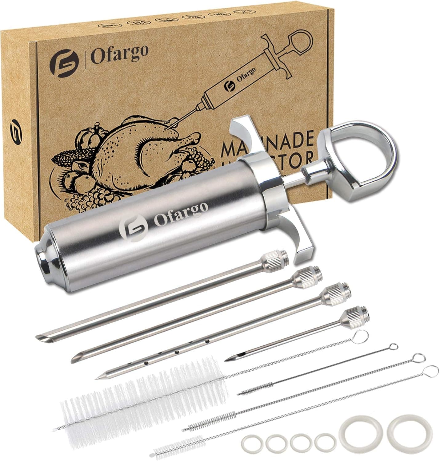 Ofargo Stainless Steel Meat Injector Syringe Kit w/ 4 Marinade Needles 2-oz