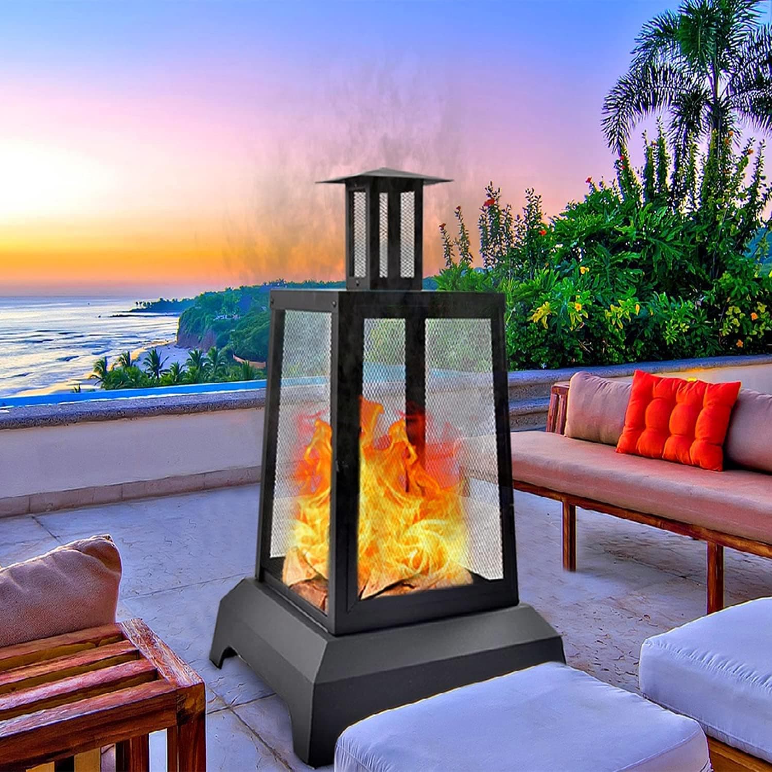 NSdirect Large Steel Wood Burning Outdoor Fireplace Tower 44" with Mesh Screen