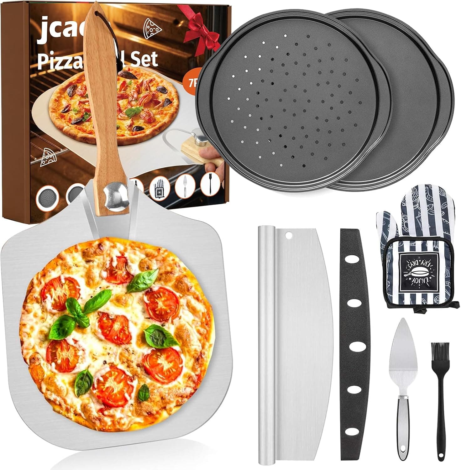 7Pcs Pizza Peel Pan Set - Aluminum Paddle, 2 Pans, Rocker Cutter, Server, Mitts, Brush