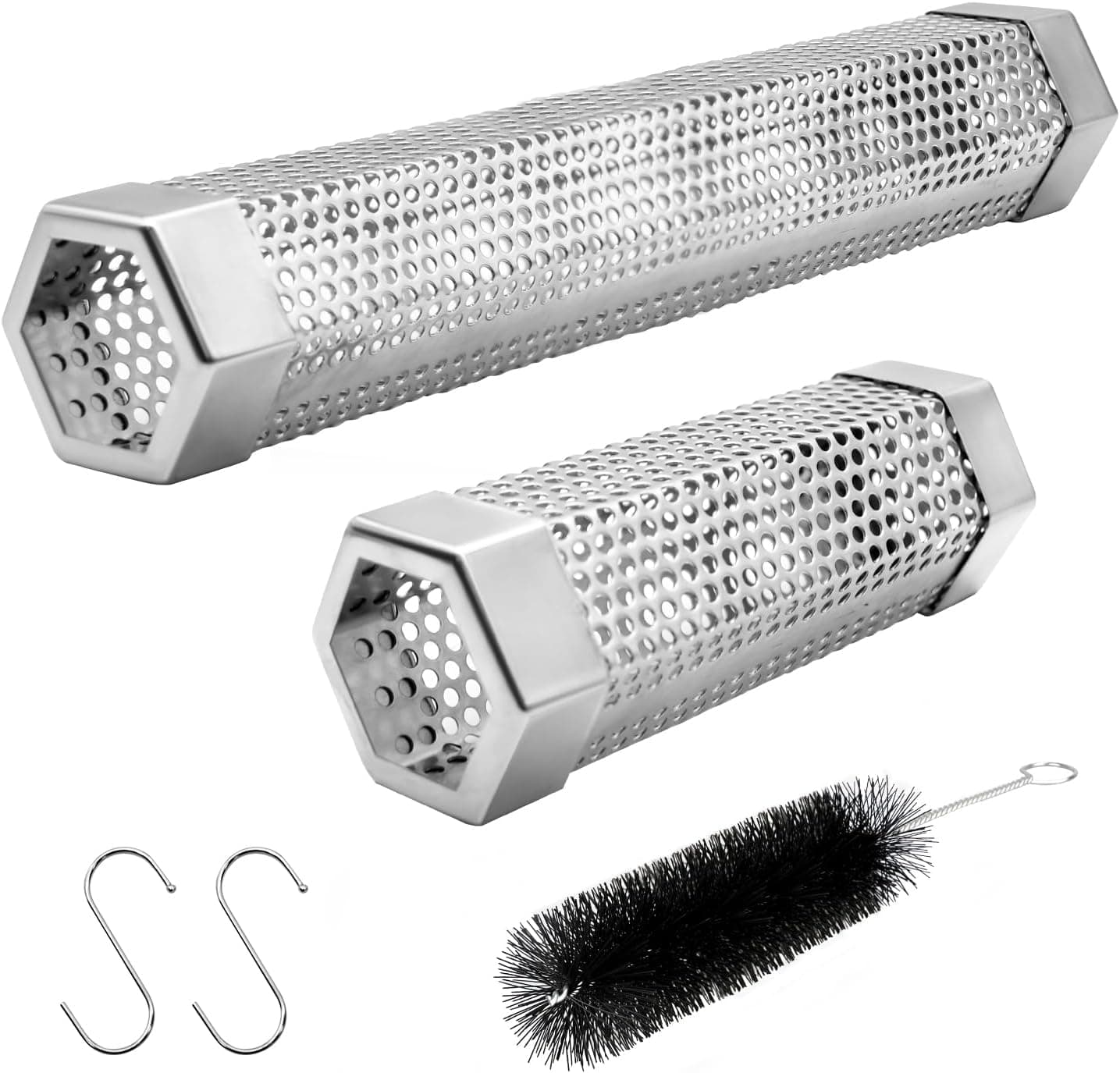 Pellet Smoker Tube Set, 6" & 12" Stainless Steel with Brush and Hooks
