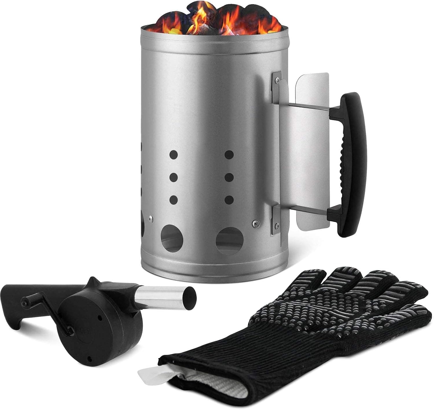 CADARA Charcoal Chimney Starter Set with Glove and Air Blower