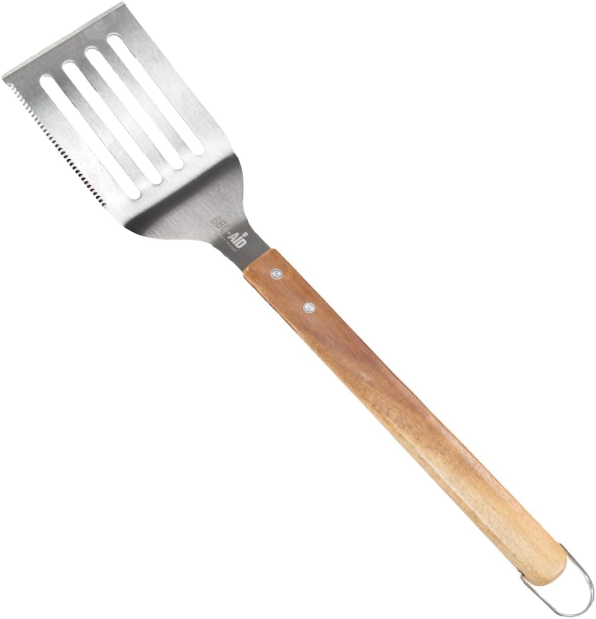 BBQ-AID Pro BBQ Metal Spatula 17" Stainless Steel with Serrated Edge Acacia Handle