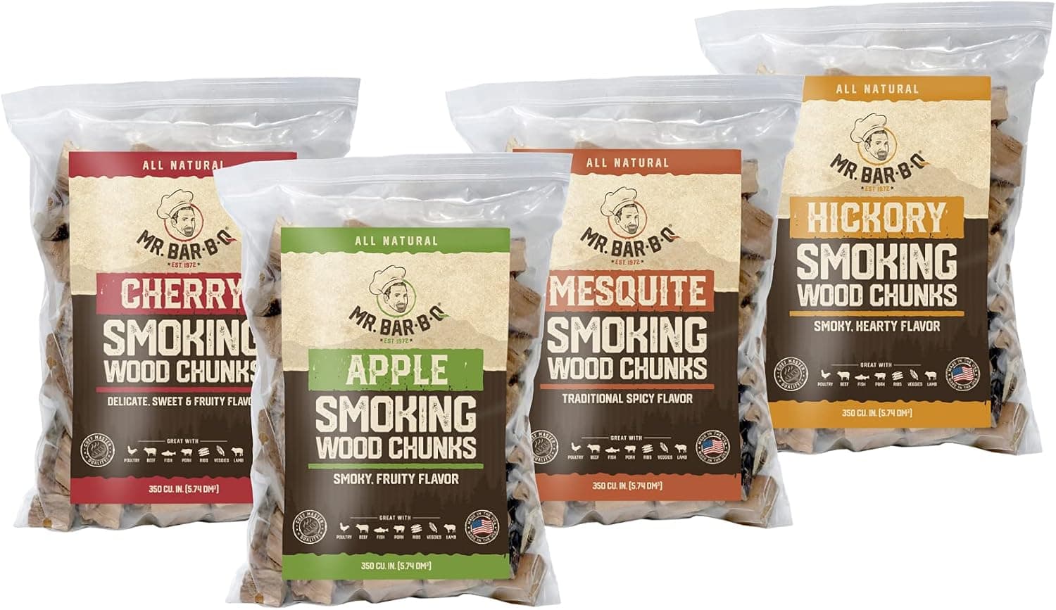 Mr. Bar-B-Q Variety Pack Wood Chunks 4 x 3.5 lb Hickory Cherry Apple Mesquite