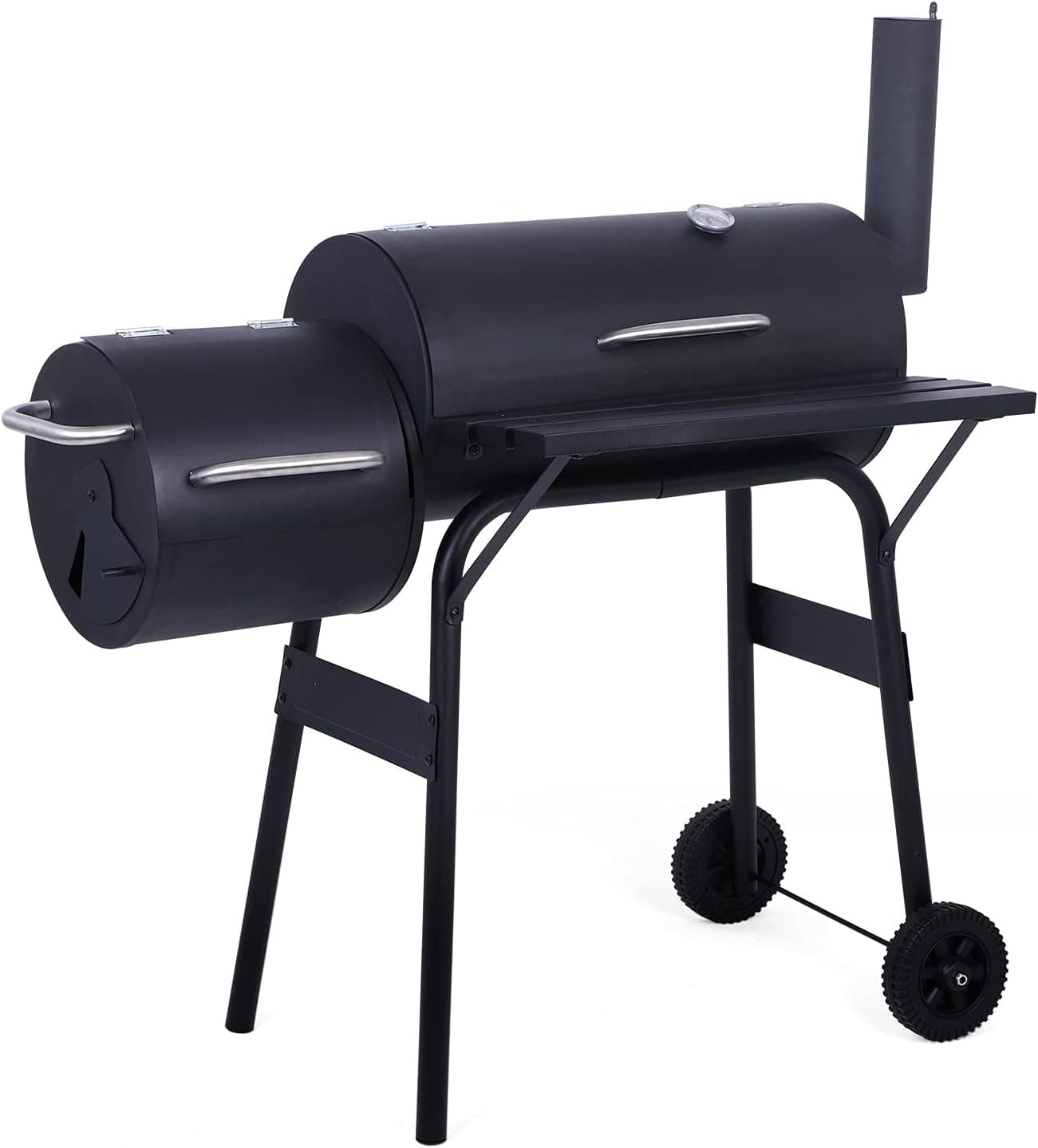 CAMORSA Charcoal Grill with Offset Smoker, 45 in Barrel Grill with Wheels, Black