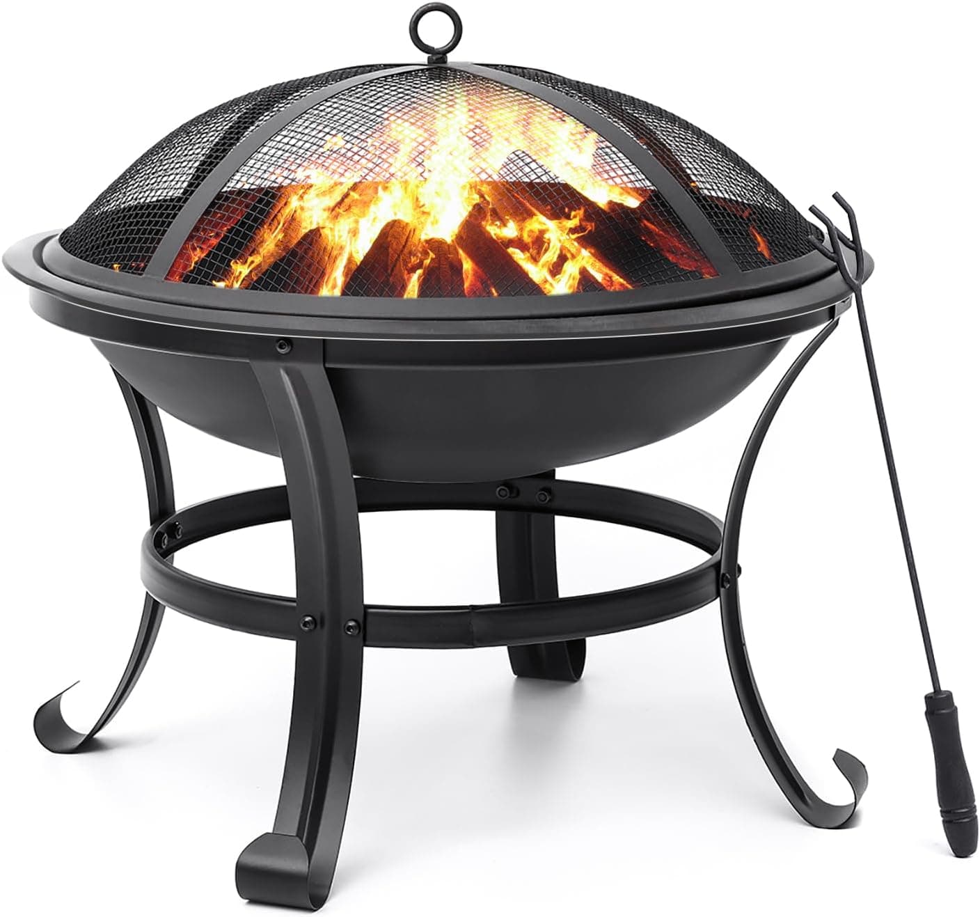 SINGLYFIRE 22 inch Wood Burning Steel Fire Pit Bowl with Spark Screen, Log Grate, Poker