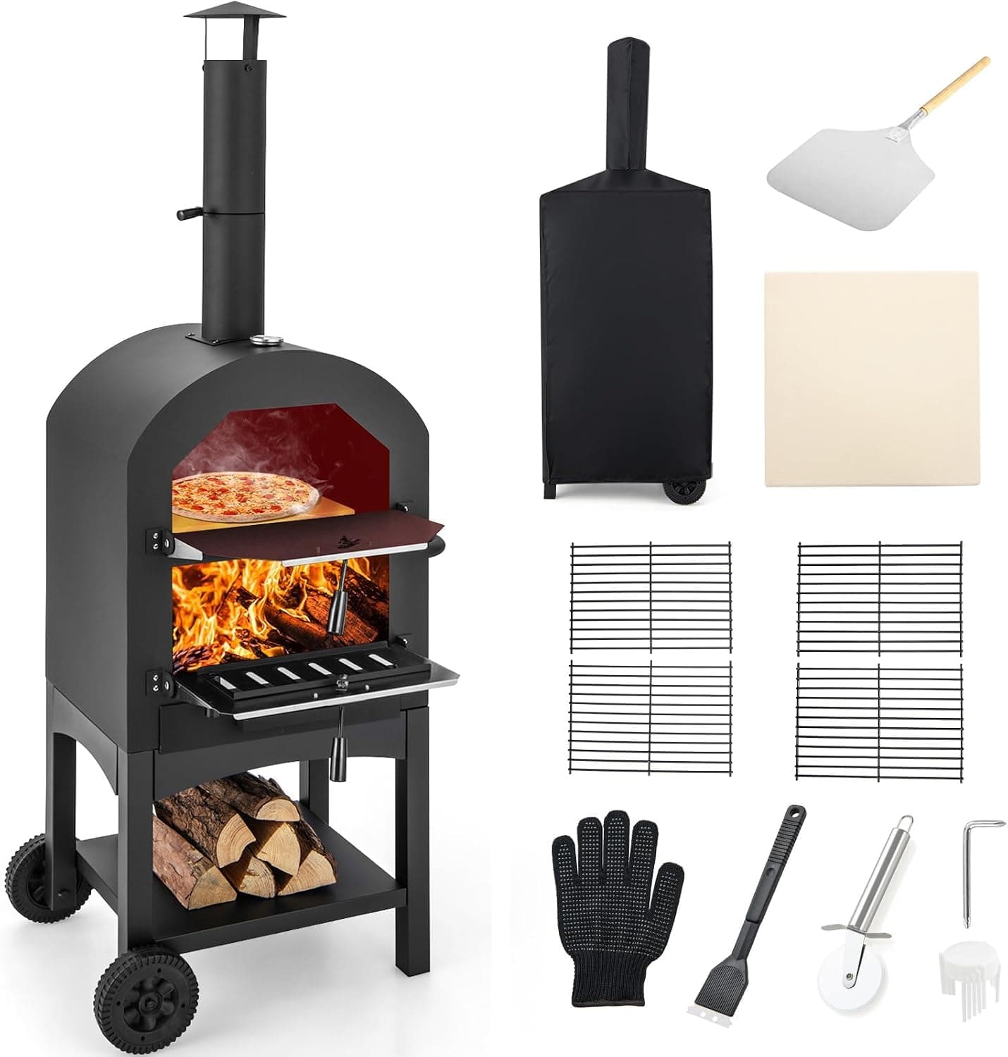 Giantex Wood Fired Pizza Oven with Stone, Peel, Cover, Wheels, 64 Inch