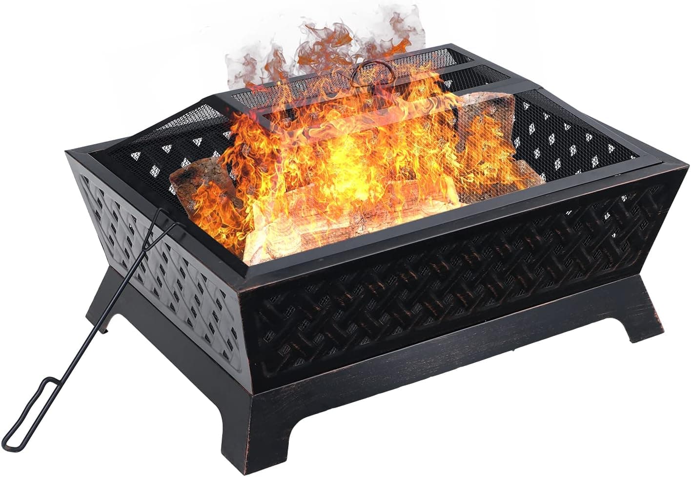 Outdoor Steel Wood Burning Rectangular Deep Bowl Fire Pit with Spark Screen