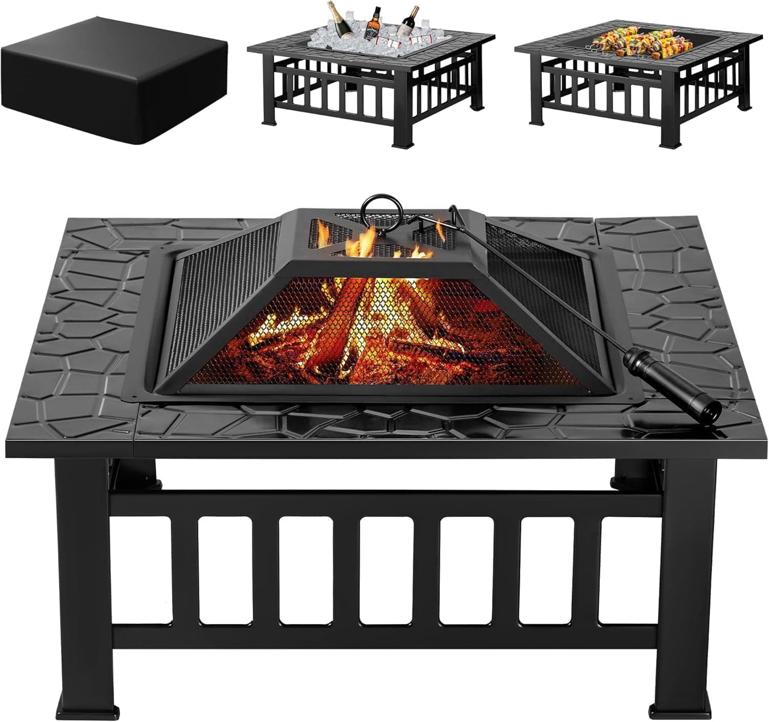 Devoko Outdoor Fire Pit 32 Inch Firepit Table with Waterproof Cover (Black)