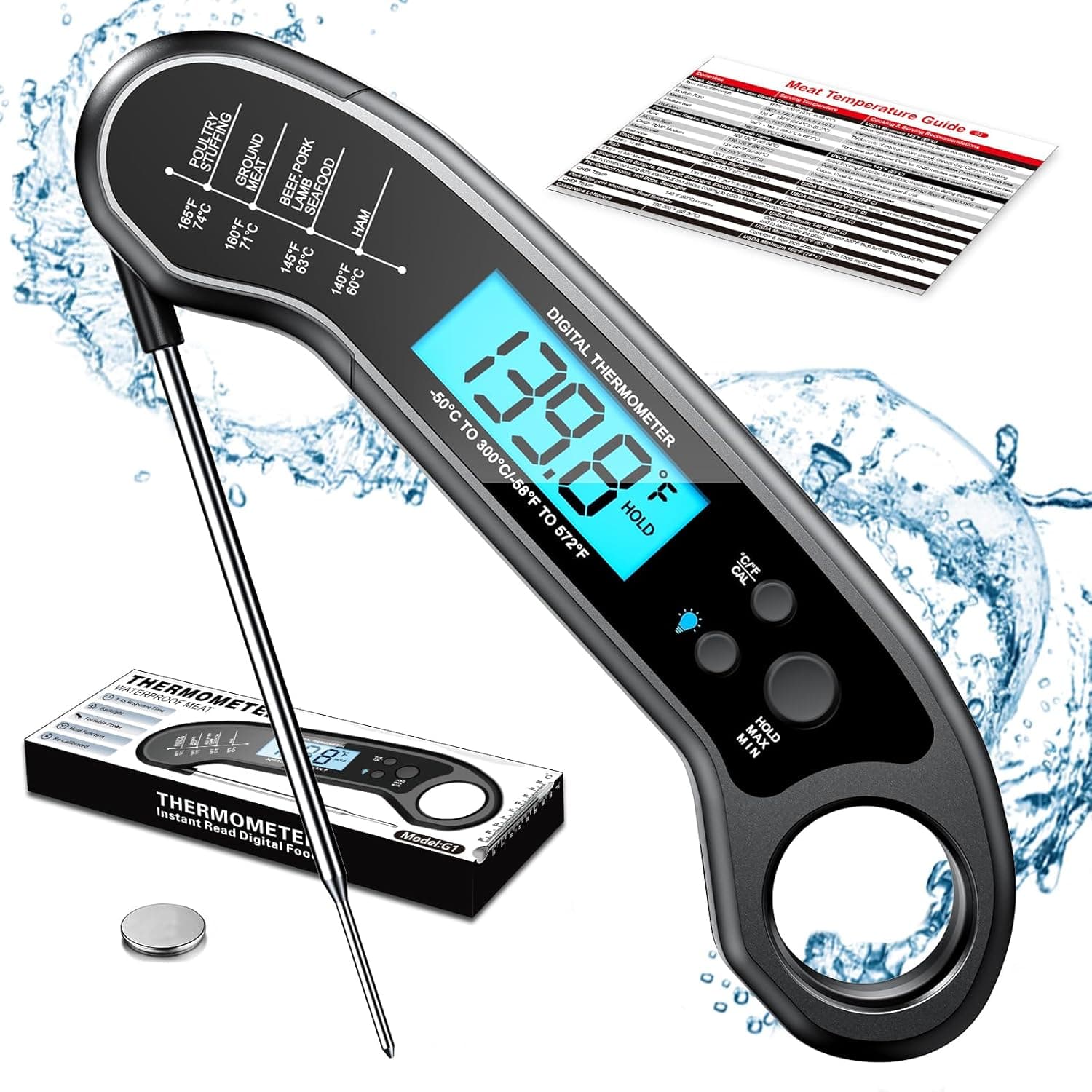 Meat Thermometer Digital Instant Read Waterproof Foldable with Backlight