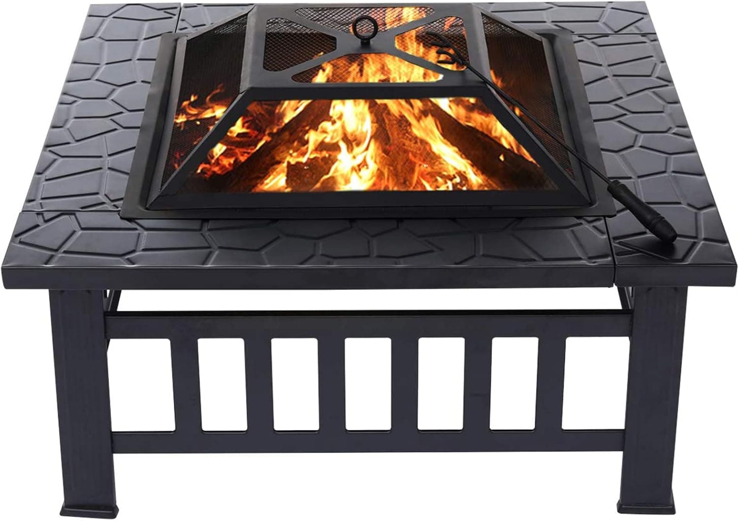 32" Wood Burning Square Steel Fire Pit with Spark Screen, Poker, Log Grate