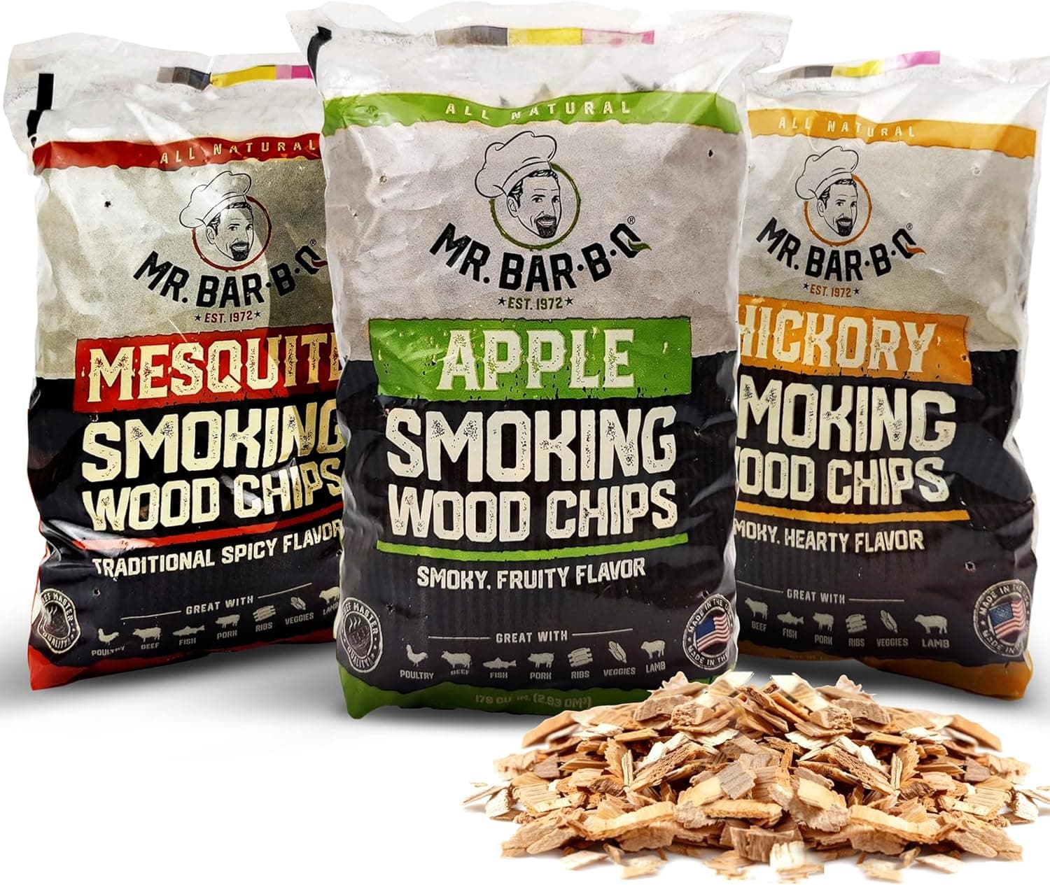 Mr. Bar-B-Q Wood Smoker Chips Bundle of 3 Flavors - Apple, Mesquite & Hickory
