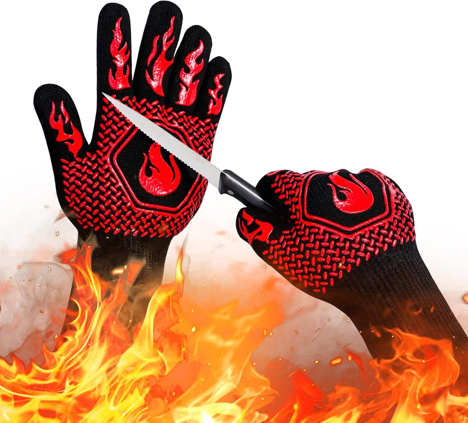 BBQ Fireproof Gloves, Cut-Resistant 1472°F Heat Resistant Silicone (Red)