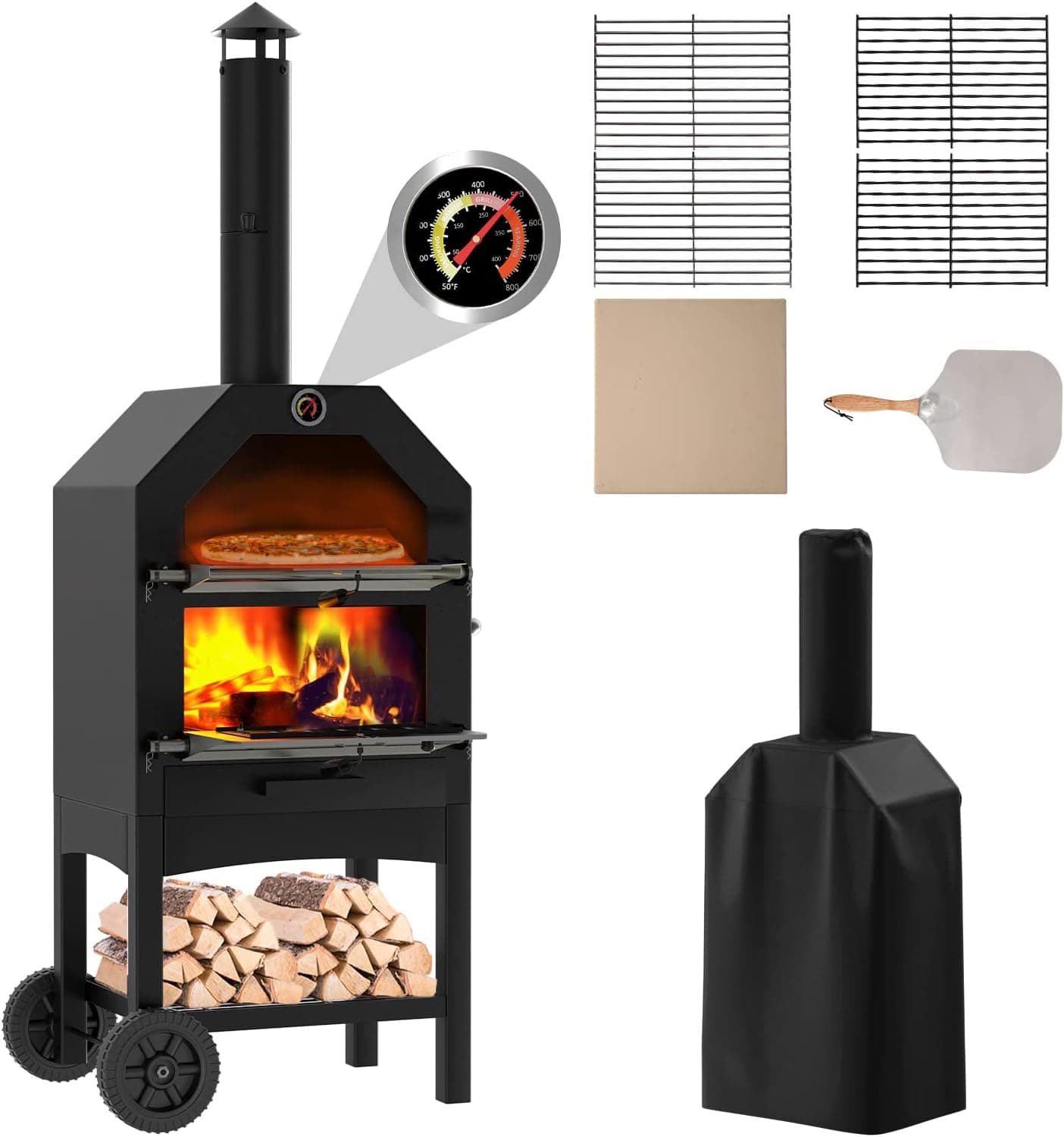 UDPATIO Outdoor Pizza Oven Wood Fired, 2 Layer Steel, Freestanding, 2 Wheels
