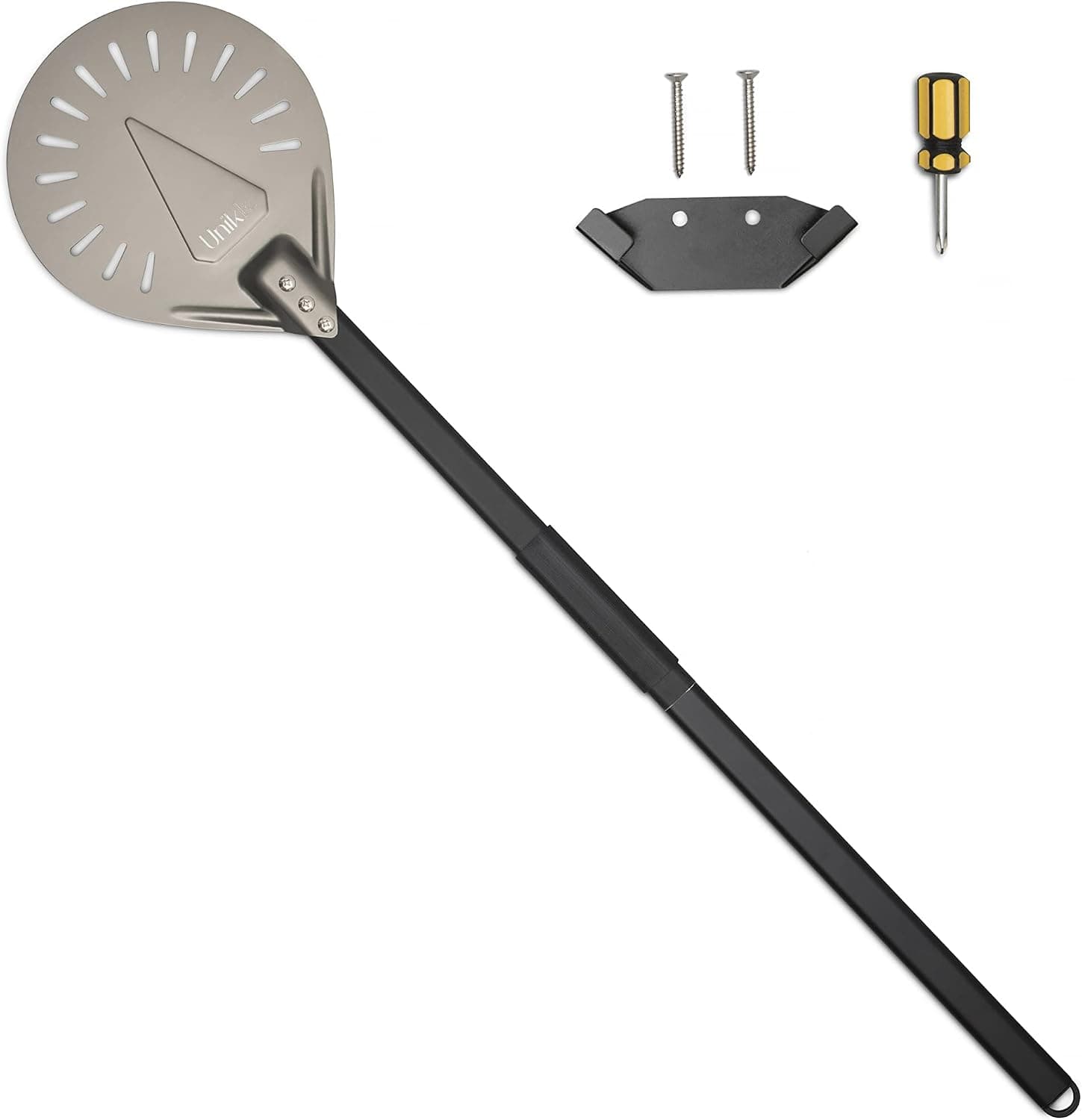 Unikk Aluminum Metal Turning Pizza Peel, Adjustable Long Handle, with Holder