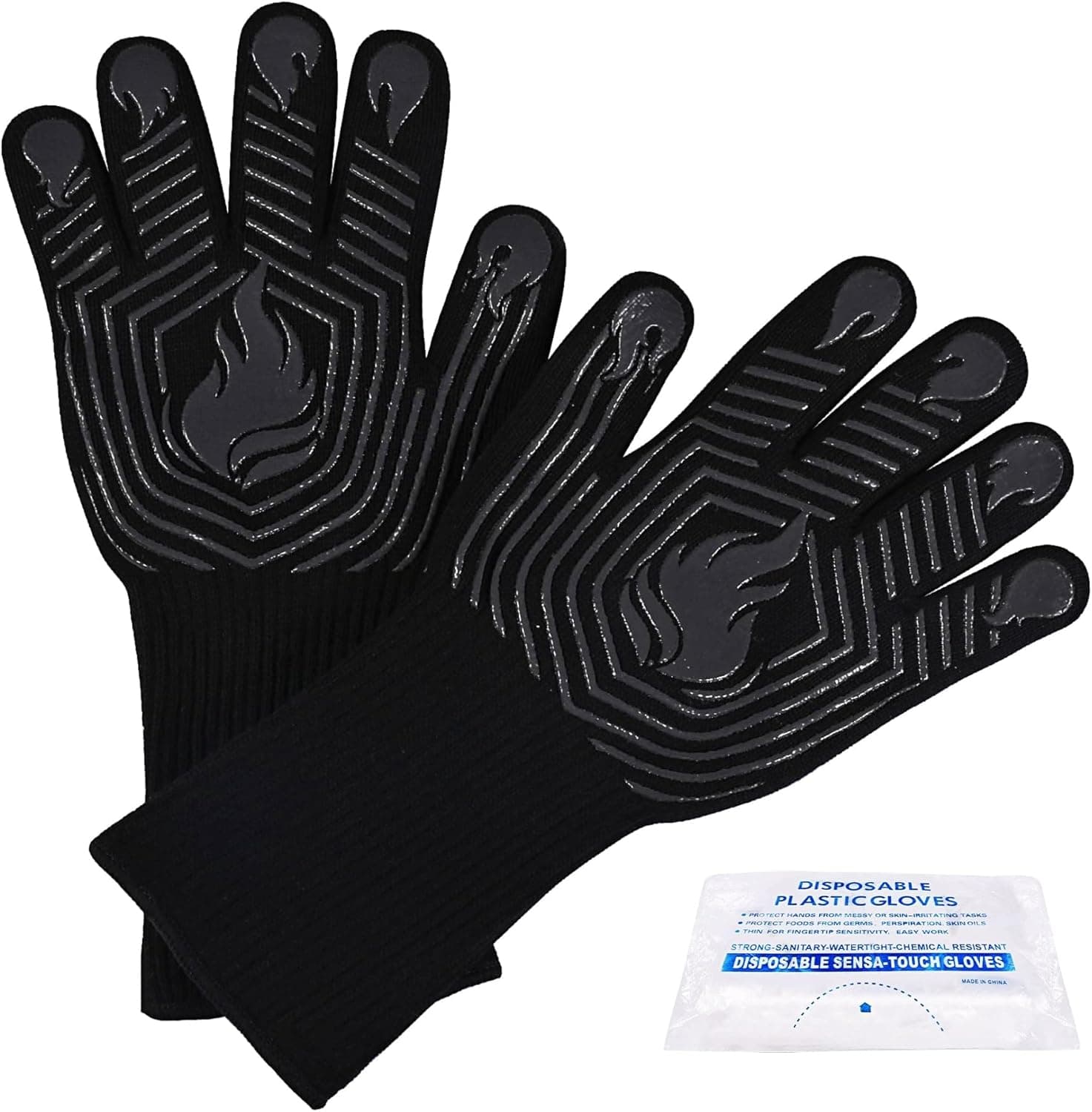 BBQ Gloves 1472°F Heat Resistant Fireproof Silicone Non-Slip Grilling Gloves (Black)