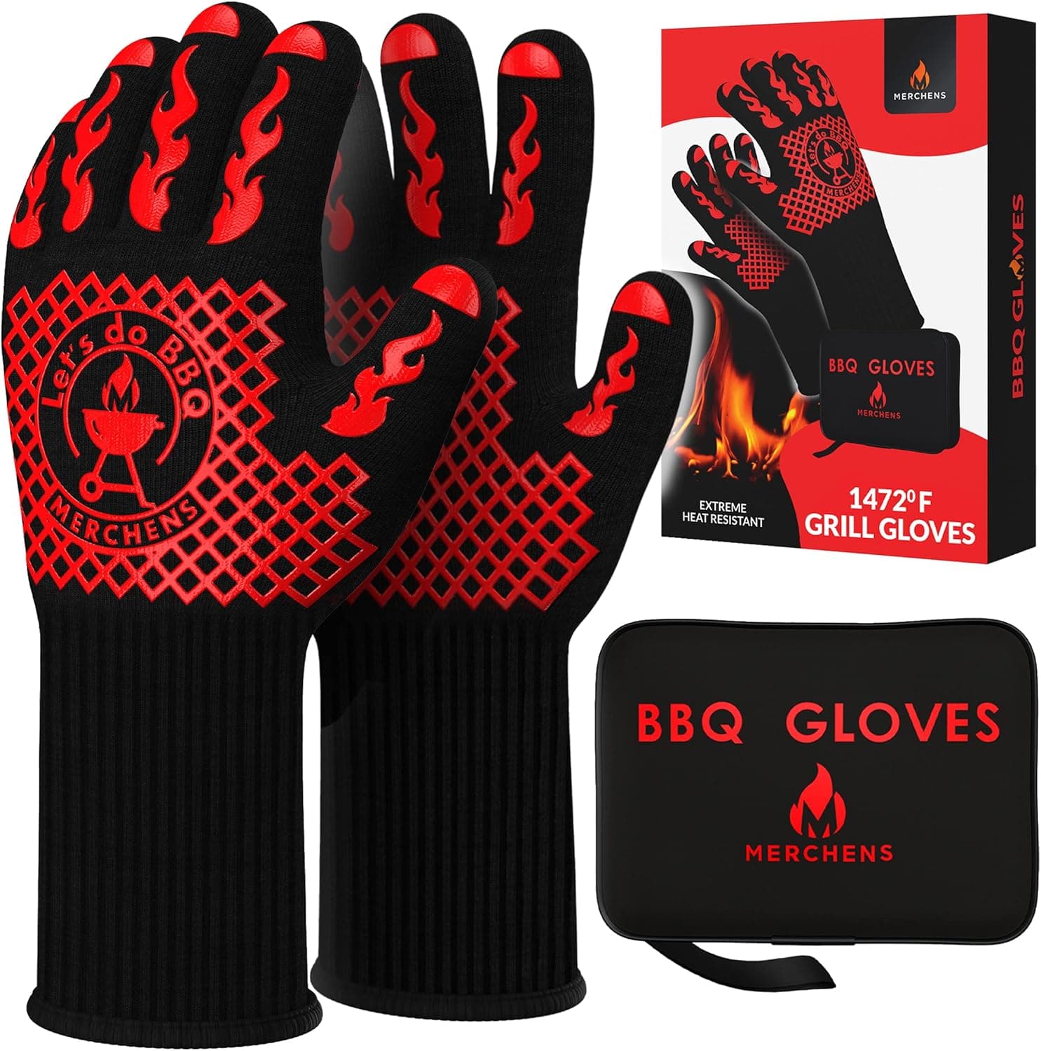 MERCHENS BBQ Grill & Oven Gloves 1472°F Heat Resistant w/ Storage Case