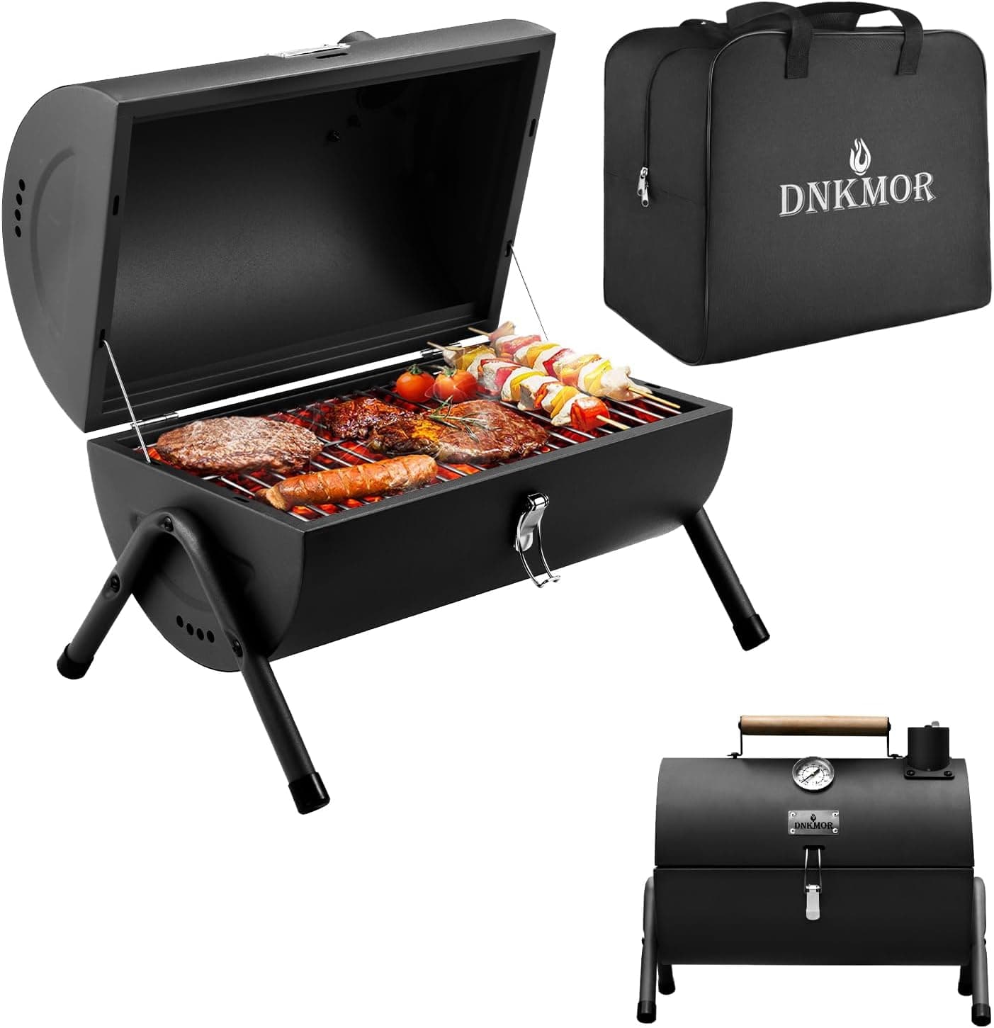 DNKMOR Portable Charcoal Grill, Tabletop Outdoor Barbecue Smoker, Black