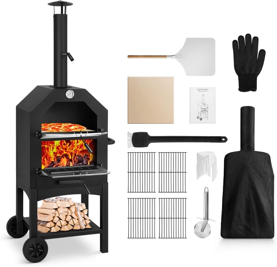 EDOSTORY Outdoor Pizza Oven Wood Fired with Stone, Peel, Grill Rack, Cover