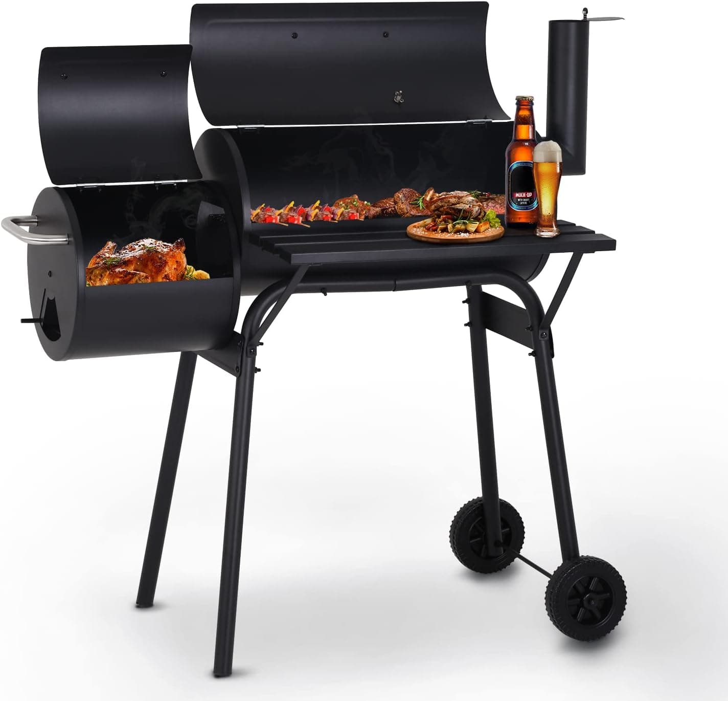 Charcoal Grills Outdoor BBQ Grill Offset Smoker with Wheels Side Fire Box, Black