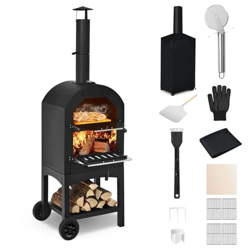 Happygrill Outdoor Pizza Oven Wood Fired with Wheels & Built-in Thermometer