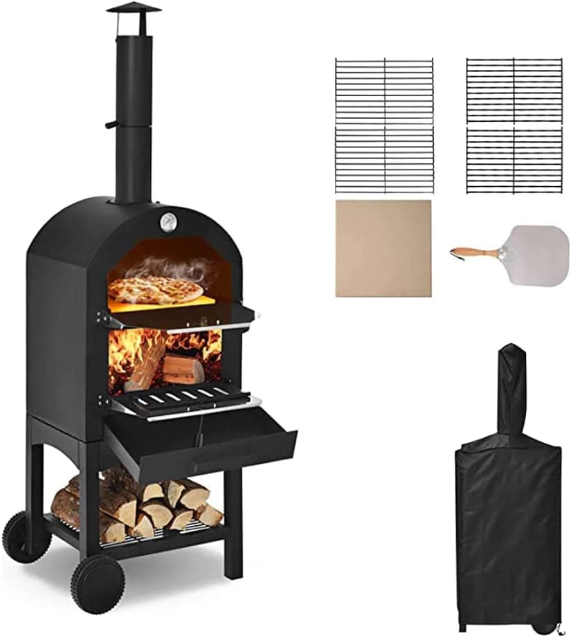Wood Fired Outdoor Pizza Oven, Freestanding Steel with 2 Wheels