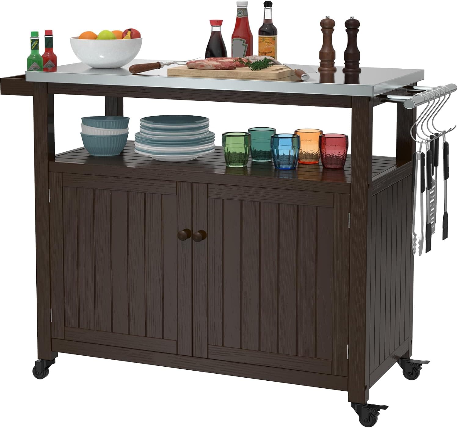 GDLF Outdoor Storage Cabinet Solid Wood Prep Grill Table with Stainless Steel Top