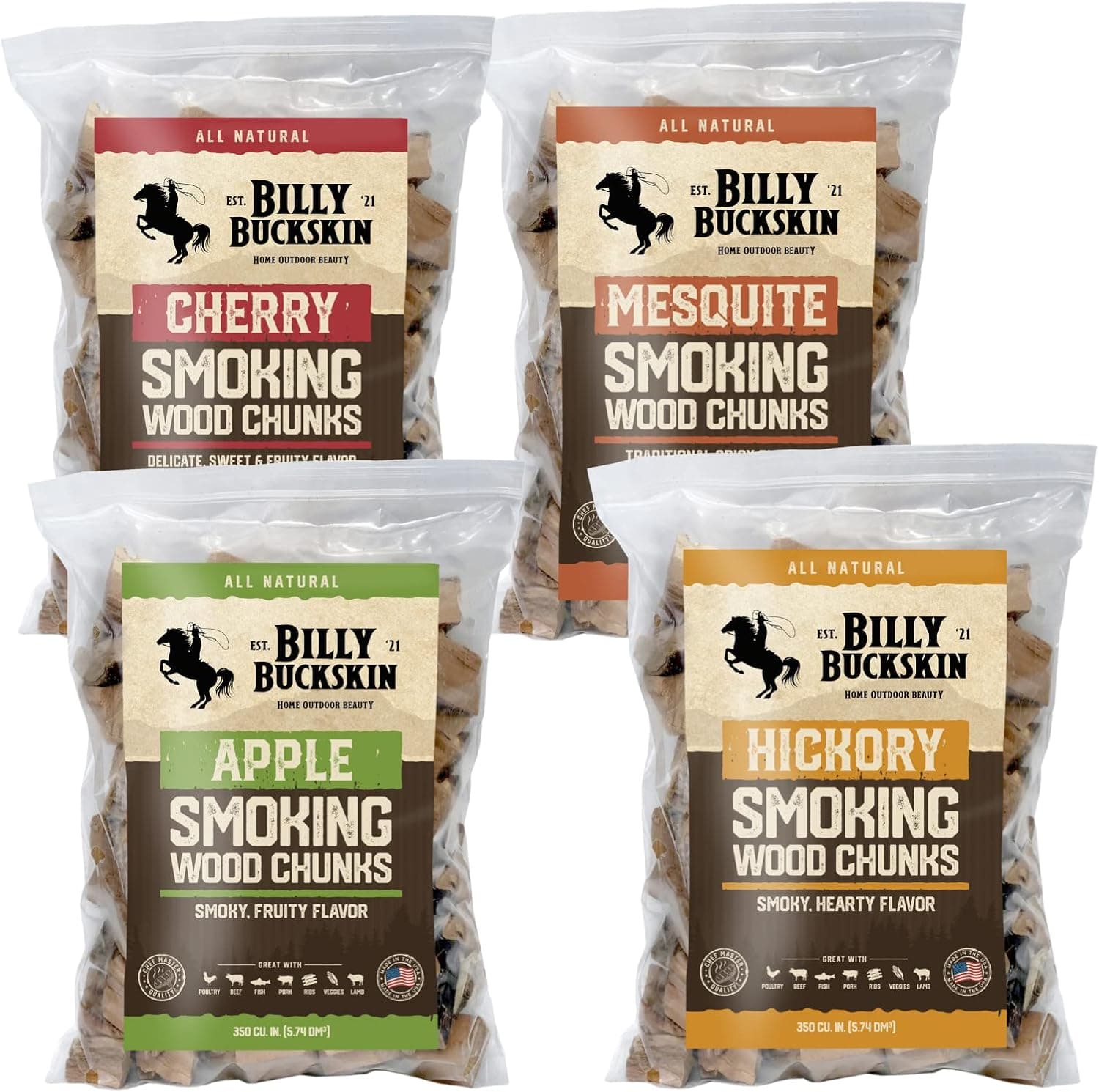 Billy Buckskin Co. Variety Pack Wood Chunks 4 x 3.5 lb Hickory Apple Cherry Mesquite