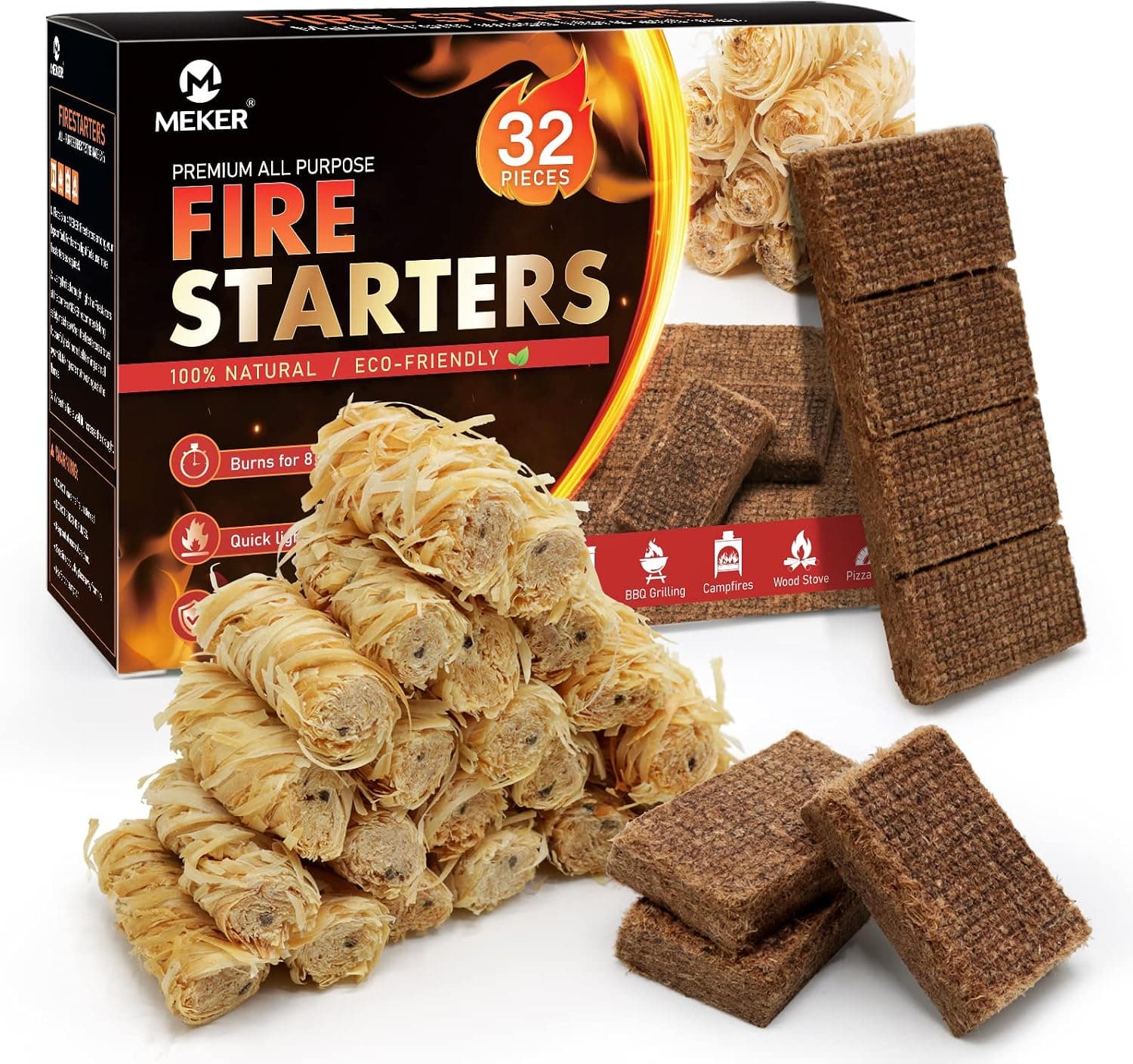 MEKER Natural Fire Starters for Fireplace, Campfires, Fire Pit, BBQ Grill, All Weather Charcoal Starter