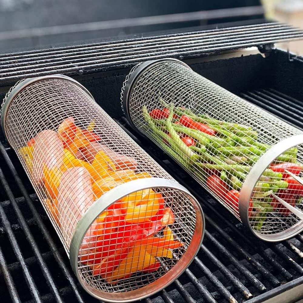 Rolling Grill Basket Stainless Steel Cylinder BBQ Basket (Two Pack 8.2 inch)