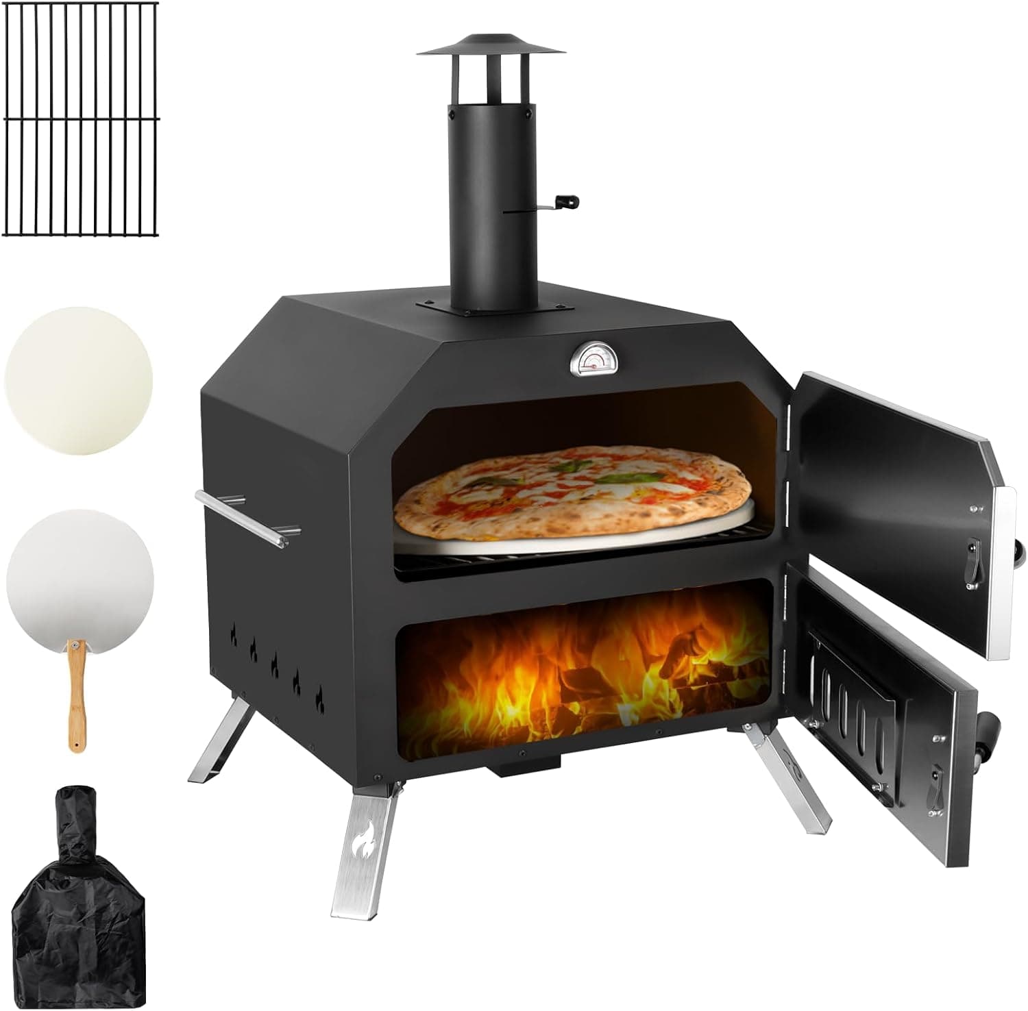 12'' Outdoor Pizza Oven Wood Fired Portable with Stone, Peel, Fold-up Legs