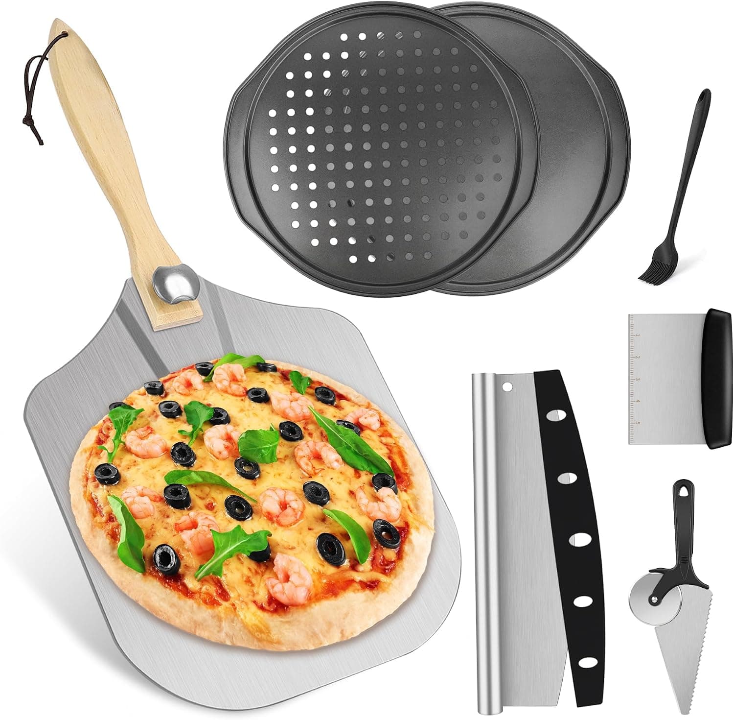 7PCS Pizza Peel Pan Set 12x14 with Rocker Cutter, Scraper, Server, Oil Brush