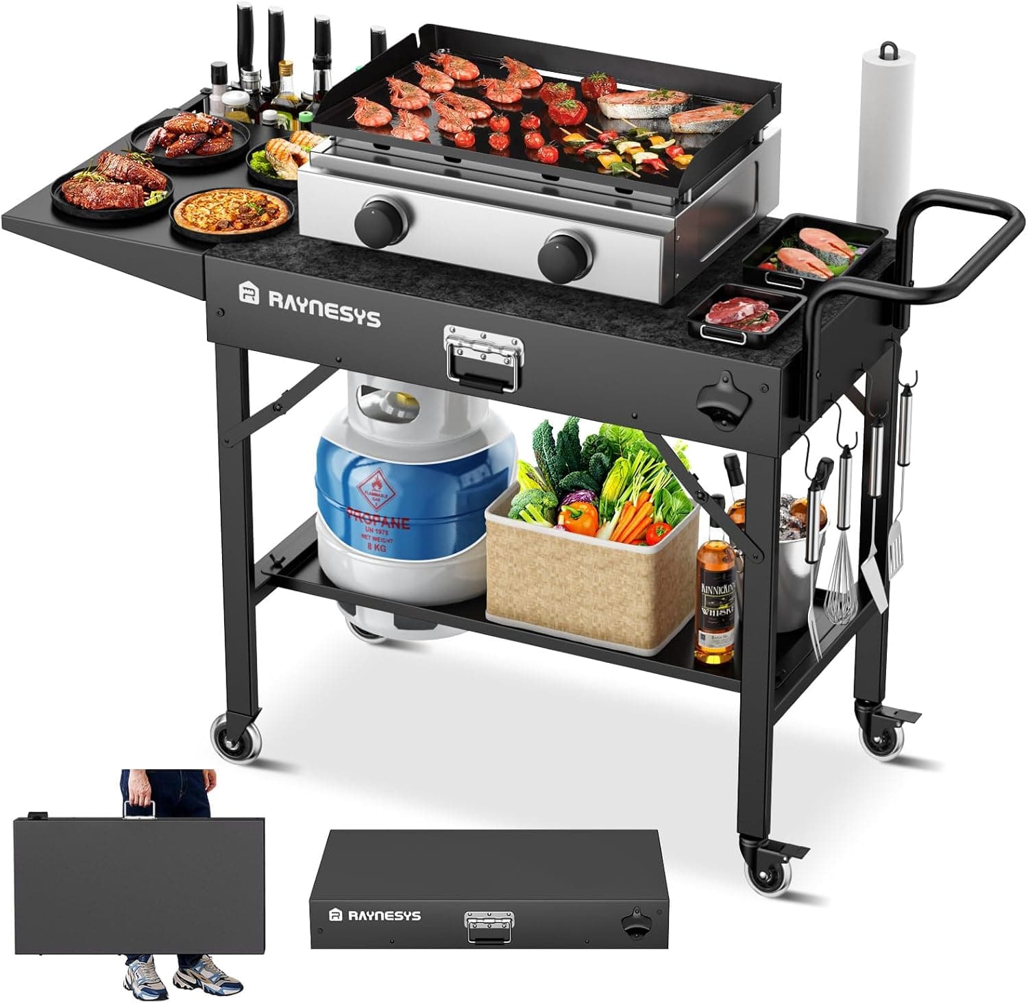 Outdoor Griddle Table, Blackstone Griddle Stand, 440lbs Folding Grill Cart, Food Prep Table with Wheels