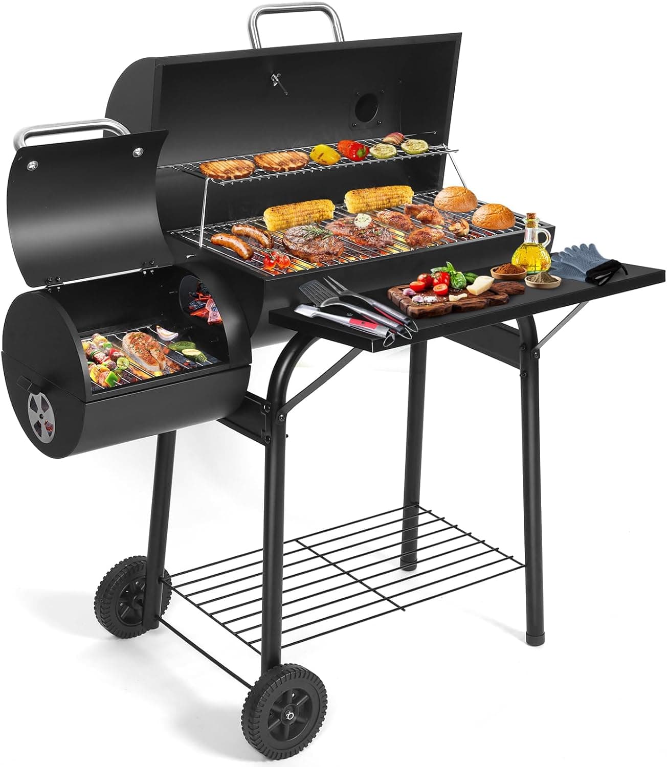 SUNLIFER Charcoal Grill Offset Smoker, Barrel BBQ Grill and Smoker Combo