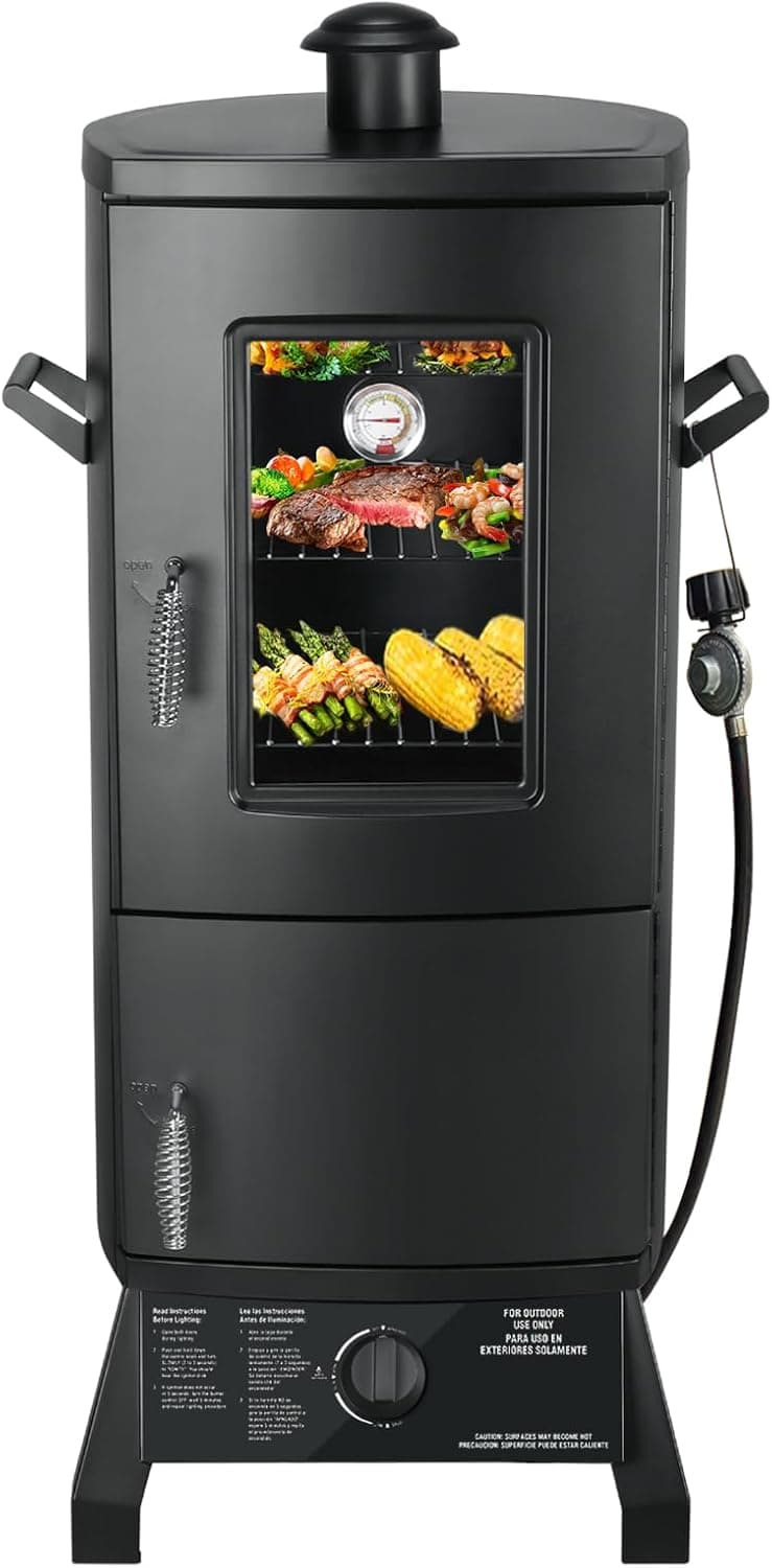 Propane Smoker, Vertical Smoker with Three Removable Shelves, Thermometer, Black