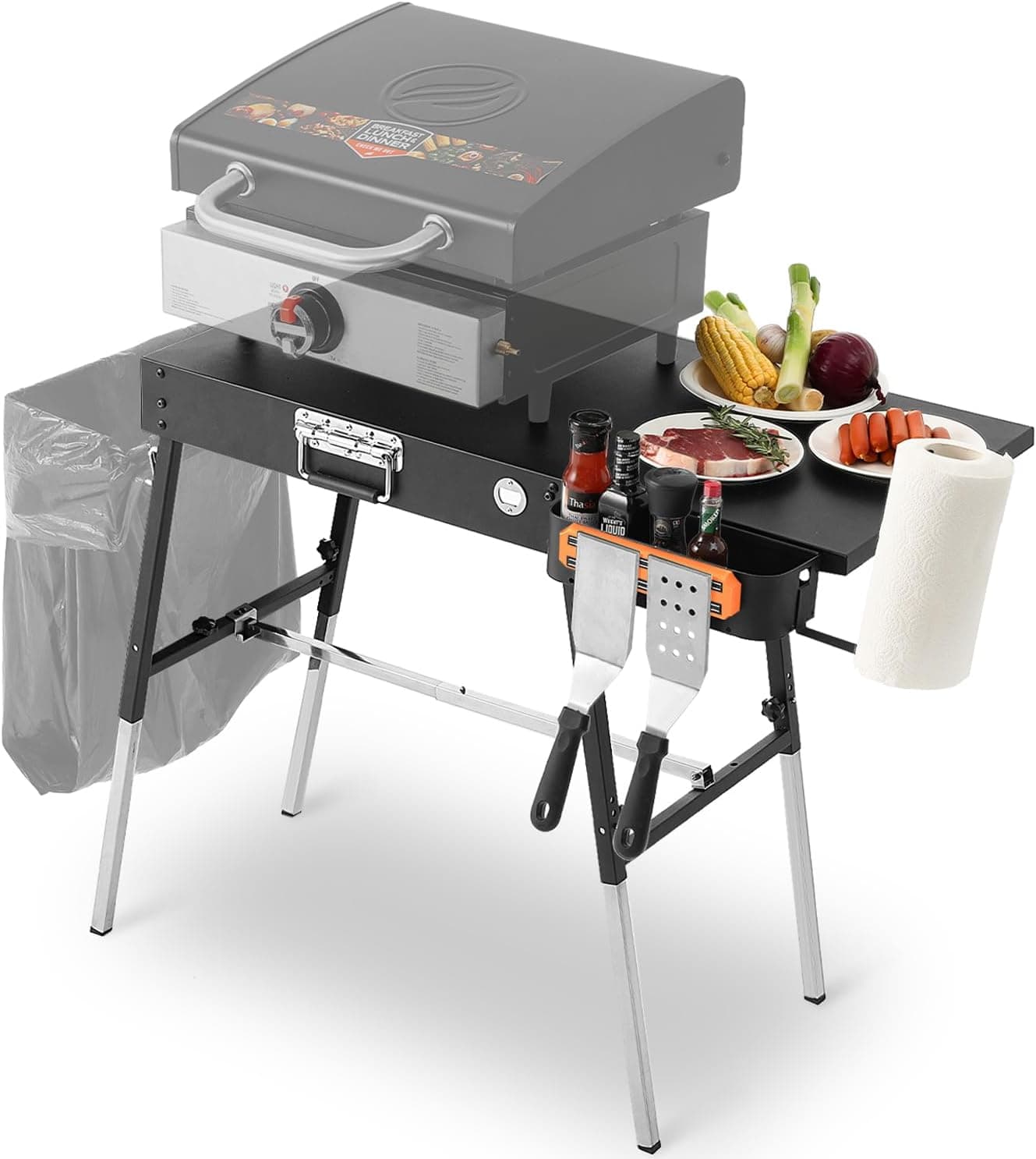 AOKEMAi Grill Table for Outside, Blackstone Griddle Stand with Trash Holder, Fit 17/22in, Folding Portable