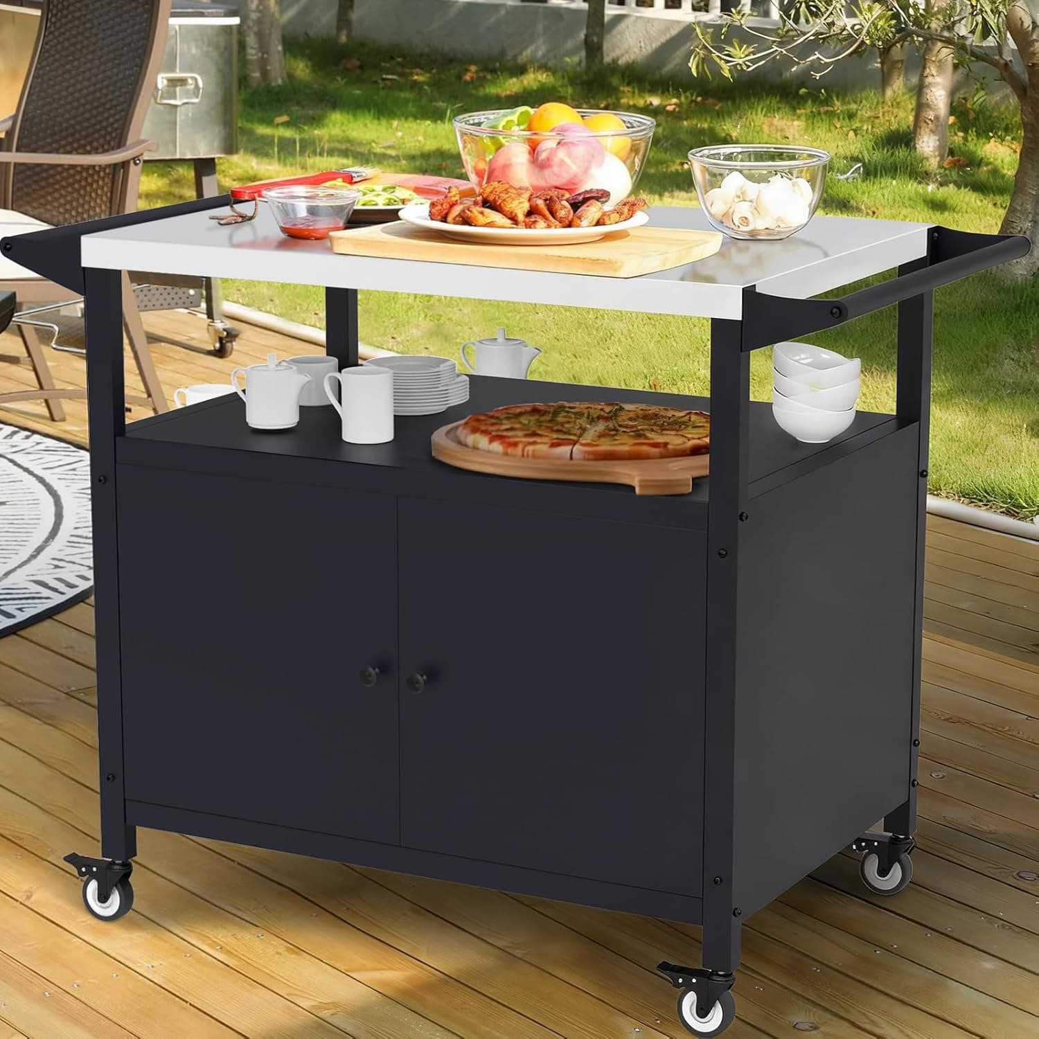 SEUNSHANY Outdoor Grill Table with Storage, Stainless Steel Grill Cart, 4 Hooks