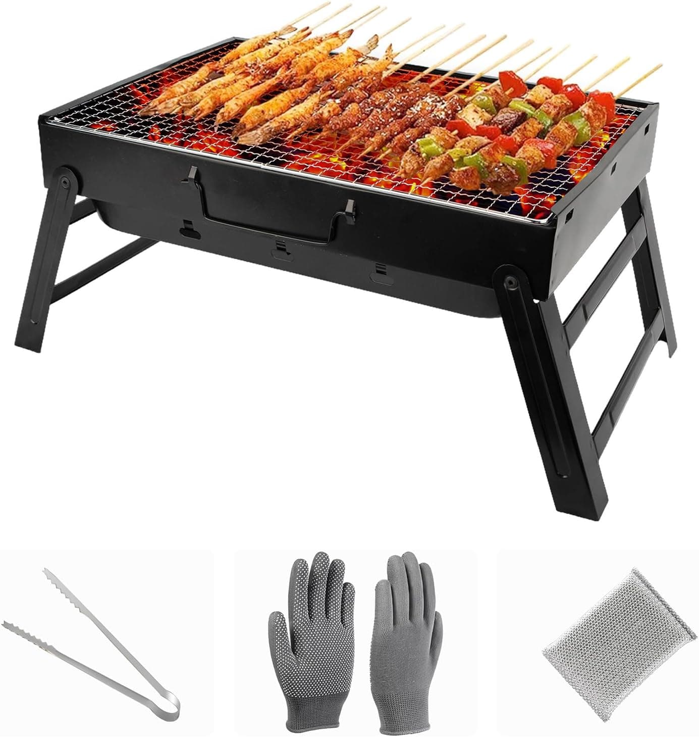 Portable Charcoal Grill Small Tabletop BBQ 17"x12" with Tongs Gloves Scrubber