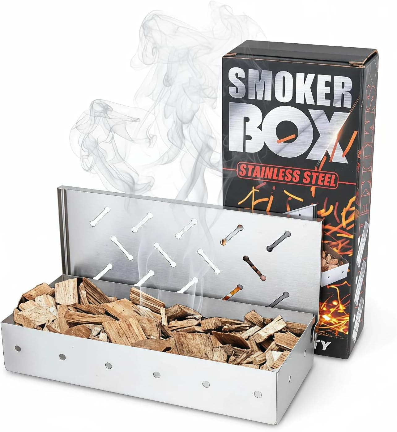 Smoker Box for Gas Grill, Wood Chip Stainless Steel, Hinged Lid